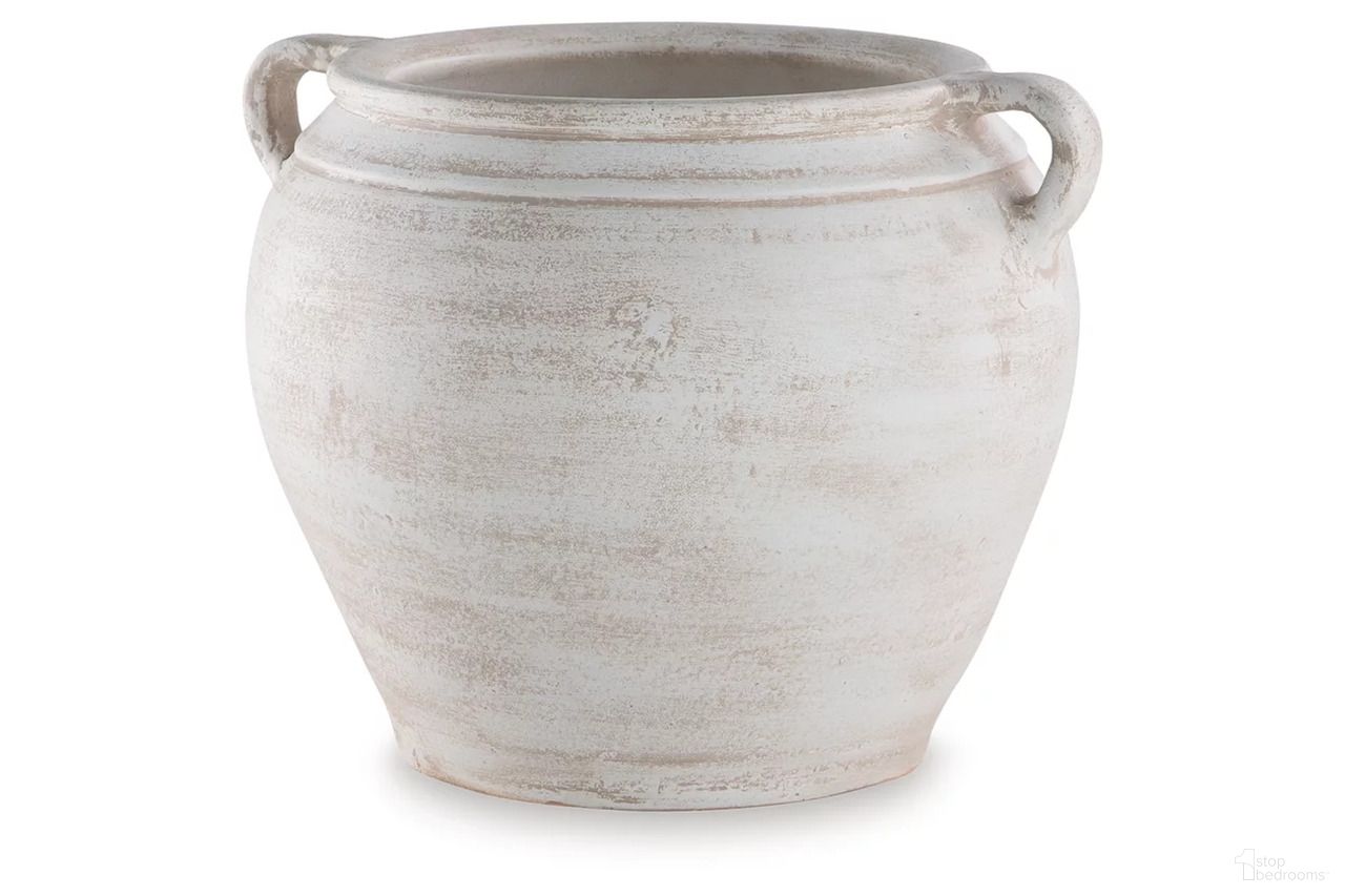 The appearance of Meadie Vase In Distressed White designed by Signature Design by Ashley in the transitional interior design. This distressed white piece of furniture was selected by 1StopBedrooms from Meadie Collection to add a touch of cosiness and style into your home. Sku: A2000787. Material: Ceramic.