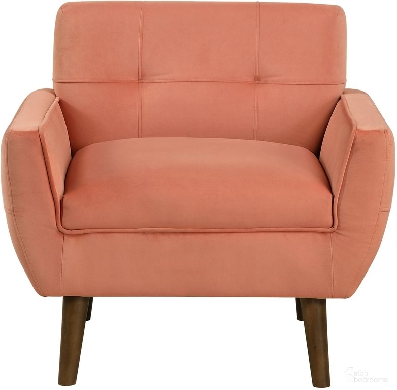 The appearance of Meadow Accent Chair In Orange designed by Homelegance in the transitional interior design. This orange piece of furniture was selected by 1StopBedrooms from Meadow Collection to add a touch of cosiness and style into your home. Sku: 1298RN-1. Material: Velvet.