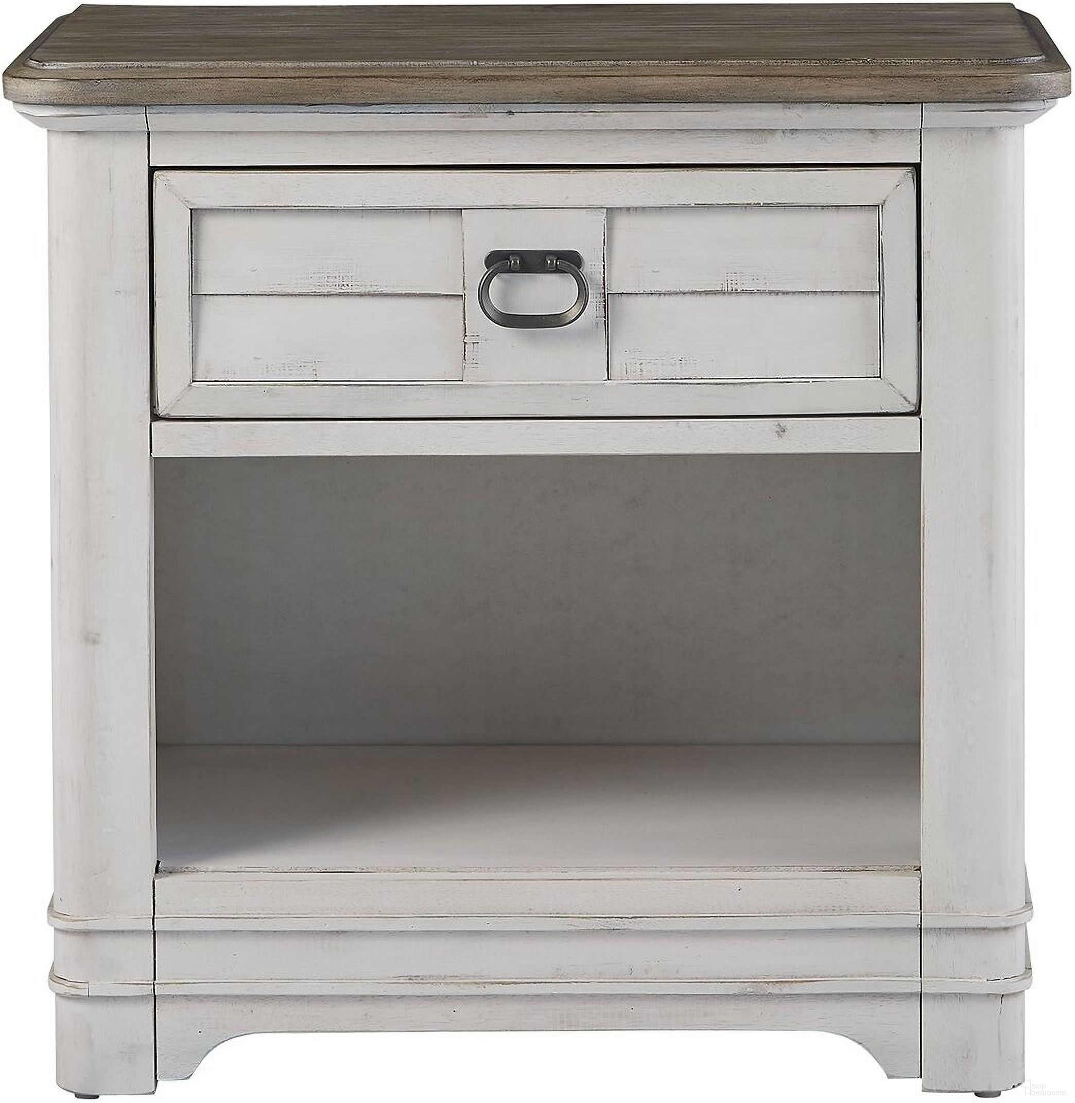 The appearance of Meadowbrook 1 Drawer Nightstand with Sand Top In Whitewash designed by American Woodcrafters in the country / farmhouse interior design. This white wash piece of furniture  was selected by 1StopBedrooms from Meadowbrook Collection to add a touch of cosiness and style into your home. Sku: 2610-410. Material: Hardwood.