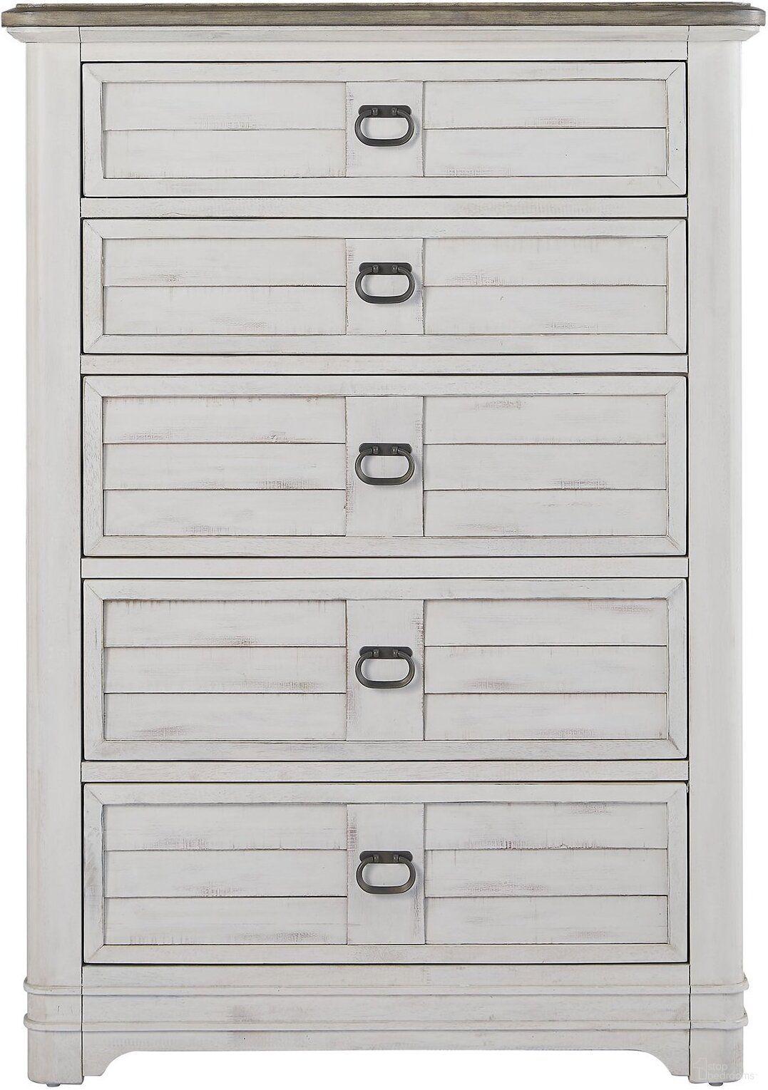 The appearance of Meadowbrook 5 Drawer Chest with Sand Top In Whitewash designed by American Woodcrafters in the country / farmhouse interior design. This white wash piece of furniture was selected by 1StopBedrooms from Meadowbrook Collection to add a touch of cosiness and style into your home. Sku: 2610-150. Material: Solid Hardwood.