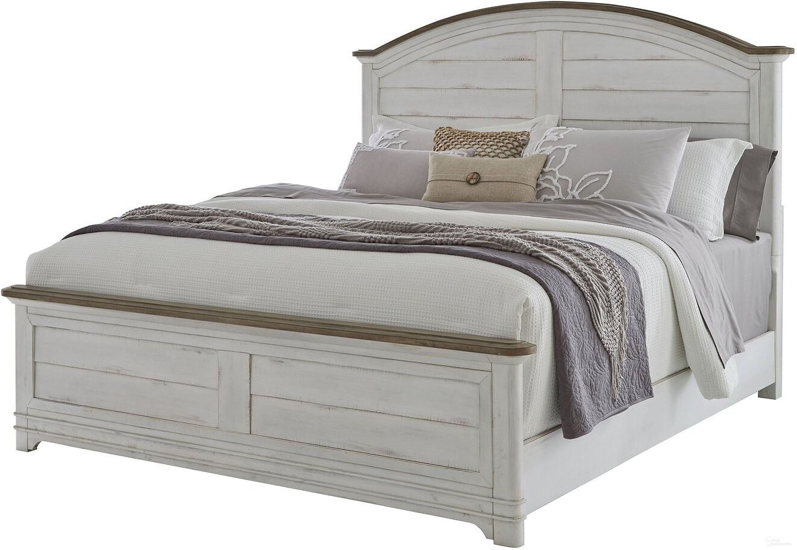 The appearance of Meadowbrook Arched Queen Bed with Sand Top In Whitewash designed by American Woodcrafters in the country / farmhouse interior design. This white wash piece of furniture was selected by 1StopBedrooms from Meadowbrook Collection to add a touch of cosiness and style into your home. Sku: 2610-957;2610-952;2610-880. Bed Type: Panel Bed. Bed Size: Queen. Material: Solid Hardwood.