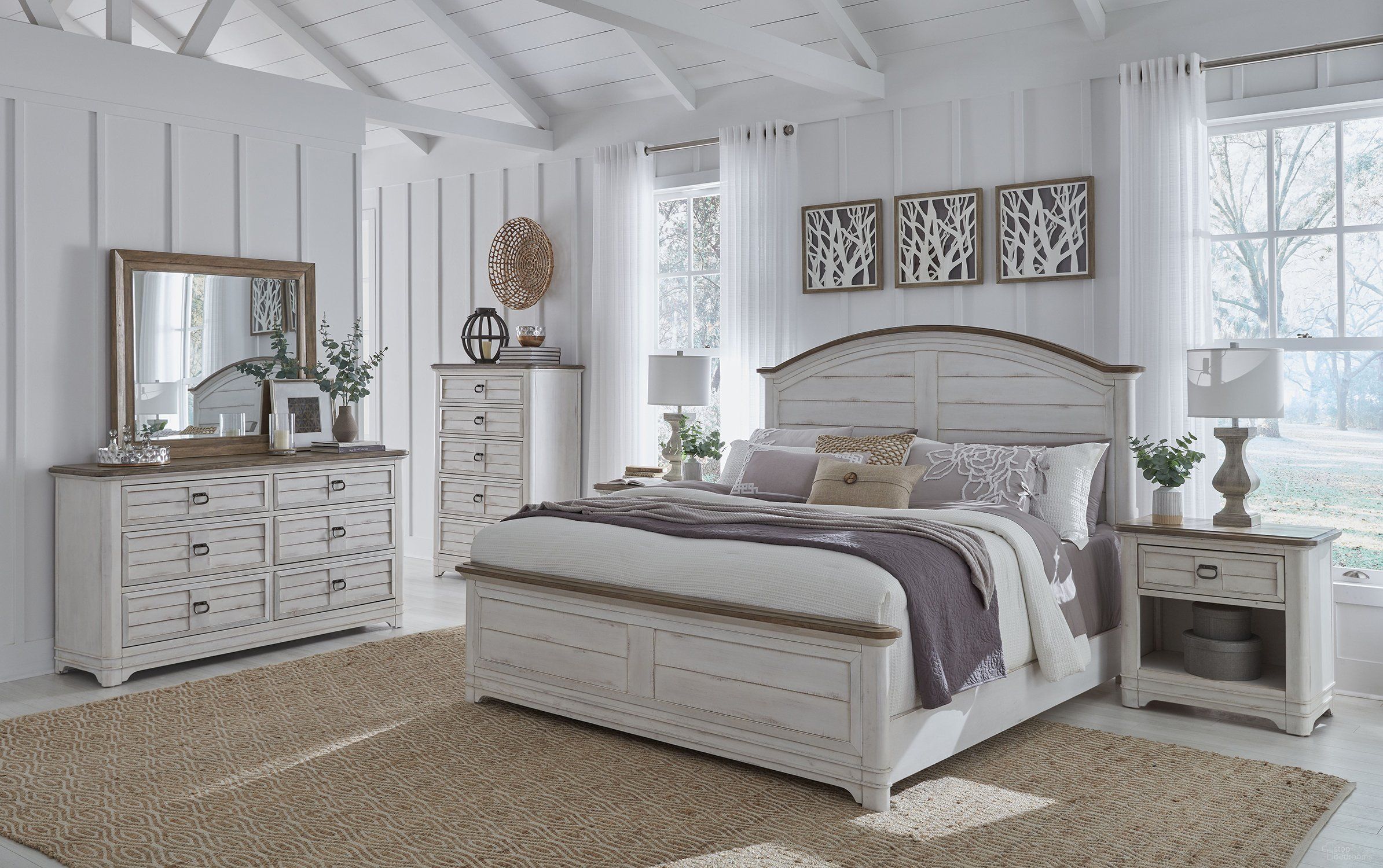 The appearance of Meadowbrook Bedroom Set In White Wash designed by American Woodcrafters in the country / farmhouse interior design. This white wash piece of furniture was selected by 1StopBedrooms from Meadowbrook Collection to add a touch of cosiness and style into your home. Sku: 2610-957;2610-952;2610-880;2610-410. Bed Size: Queen. Material: Solid Hardwood.