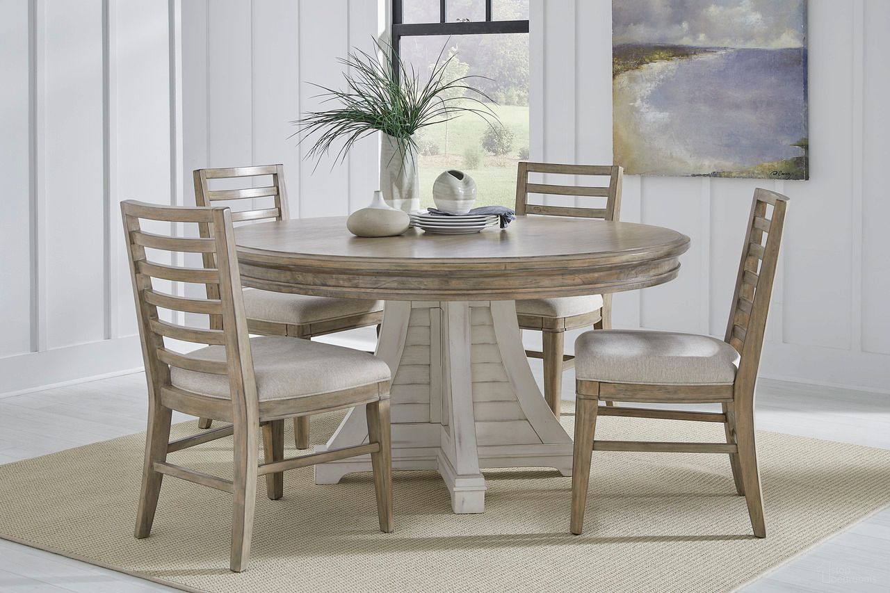 The appearance of Meadowbrook Round Dining Room Set In White Wash designed by American Woodcrafters in the cabin / lodge interior design. This white wash piece of furniture was selected by 1StopBedrooms from Meadowbrook Collection to add a touch of cosiness and style into your home. Sku: D-2610-551T;D-2610-551B;D-2600-670. Table Top Shape: Round. Size: 58". Material: Hardwood.