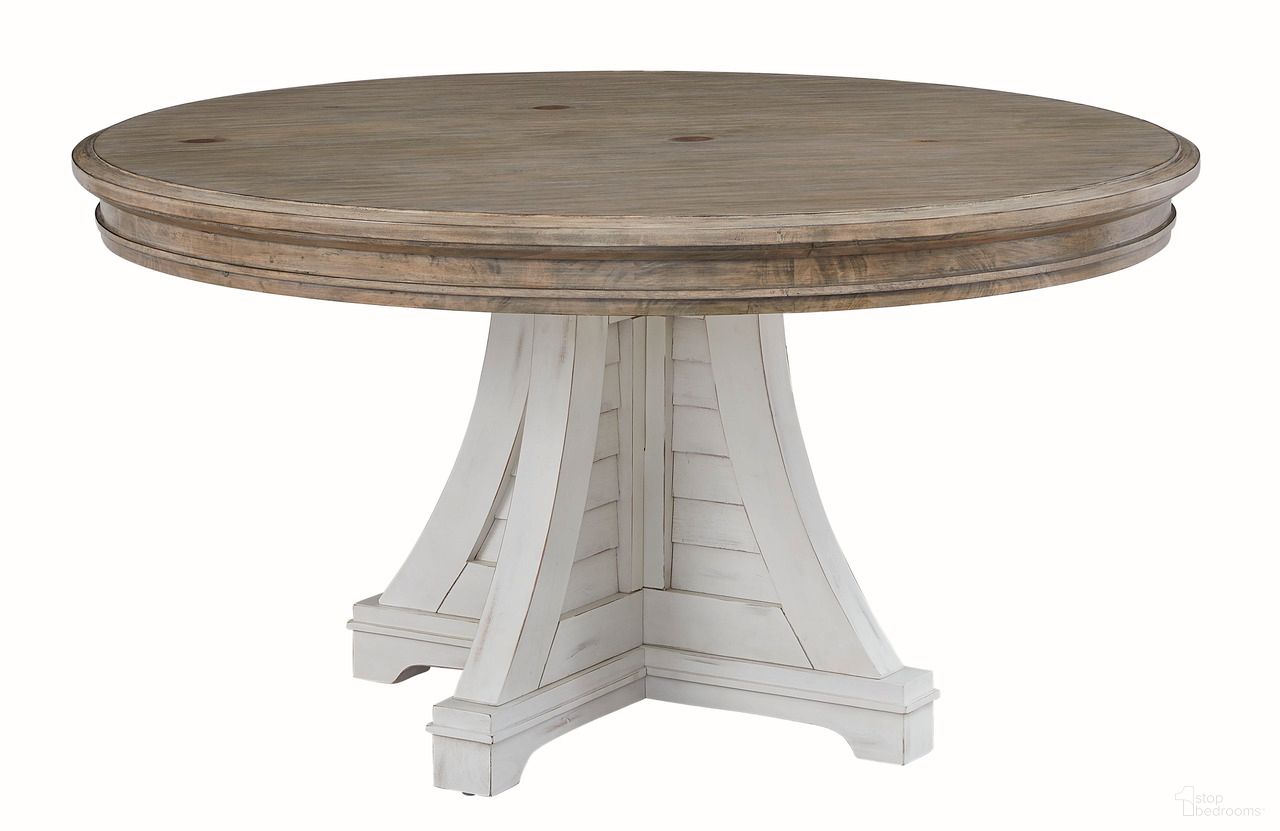 The appearance of Meadowbrook Round Dining Table In White Wash designed by American Woodcrafters in the coastal interior design. This white wash piece of furniture was selected by 1StopBedrooms from Meadowbrook Collection to add a touch of cosiness and style into your home. Sku: D-2610-551T;D-2610-551B. Table Base Style: Pedestal. Table Top Shape: Round. Size: 58". Material: Hardwood.