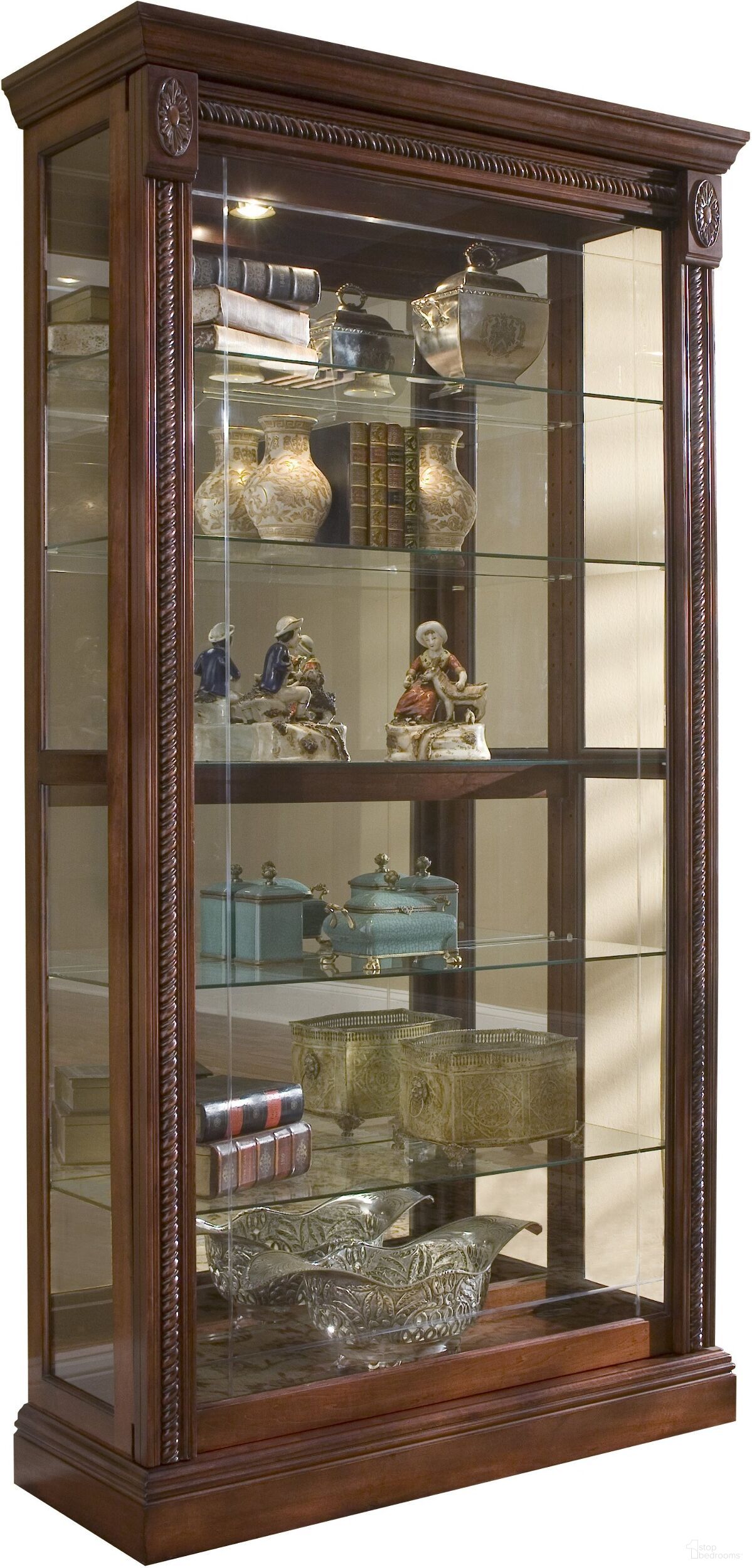 The appearance of Medallion Cherry Two Way Sliding Door Curio designed by Pulaski in the traditional interior design. This brown piece of furniture  was selected by 1StopBedrooms from Curios Collection to add a touch of cosiness and style into your home. Sku: 20485. Material: Wood.