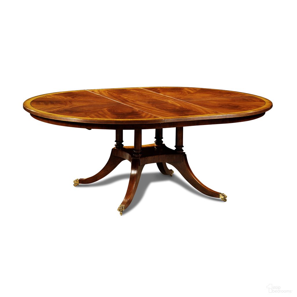 The appearance of Medallion Dining Table In Mahogany and Brass designed by Maitland-Smith in the modern / contemporary interior design. This mahogany/brass piece of furniture was selected by 1StopBedrooms from Maitland Smith Collection to add a touch of cosiness and style into your home. Sku: 89-0703-B;89-0703-T. Table Base Style: Pedestal. Table Top Shape: Oval. Material: Mahogany. Size: 80" x 60".