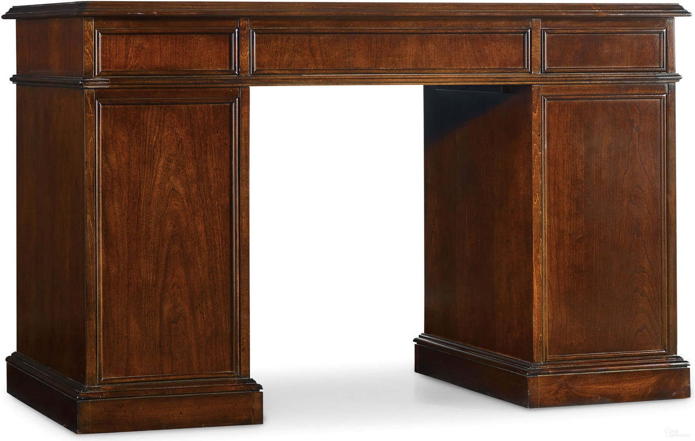The appearance of 299-10 Dark Wood 7 Drawer Knee-Hole Bow Front Desk designed by Hooker in the traditional interior design. This dark wood piece of furniture was selected by 1StopBedrooms from 299-10 Collection to add a touch of cosiness and style into your home. Sku: 299-10-301. Material: Cherry Veneer.