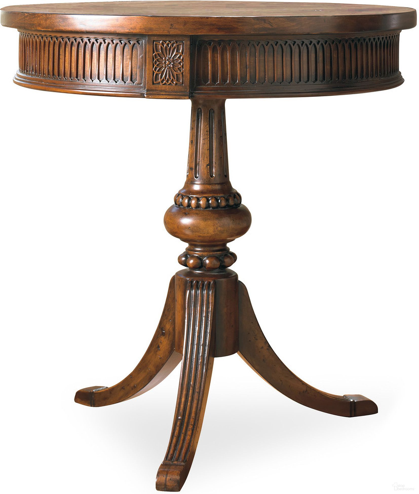 The appearance of Commerce and Market Medium Wood Round Pedestal Accent Table designed by Hooker in the traditional interior design. This medium wood piece of furniture  was selected by 1StopBedrooms from Commerce and Market Collection to add a touch of cosiness and style into your home. Sku: 500-50-828. Material: Walnut Veneer.