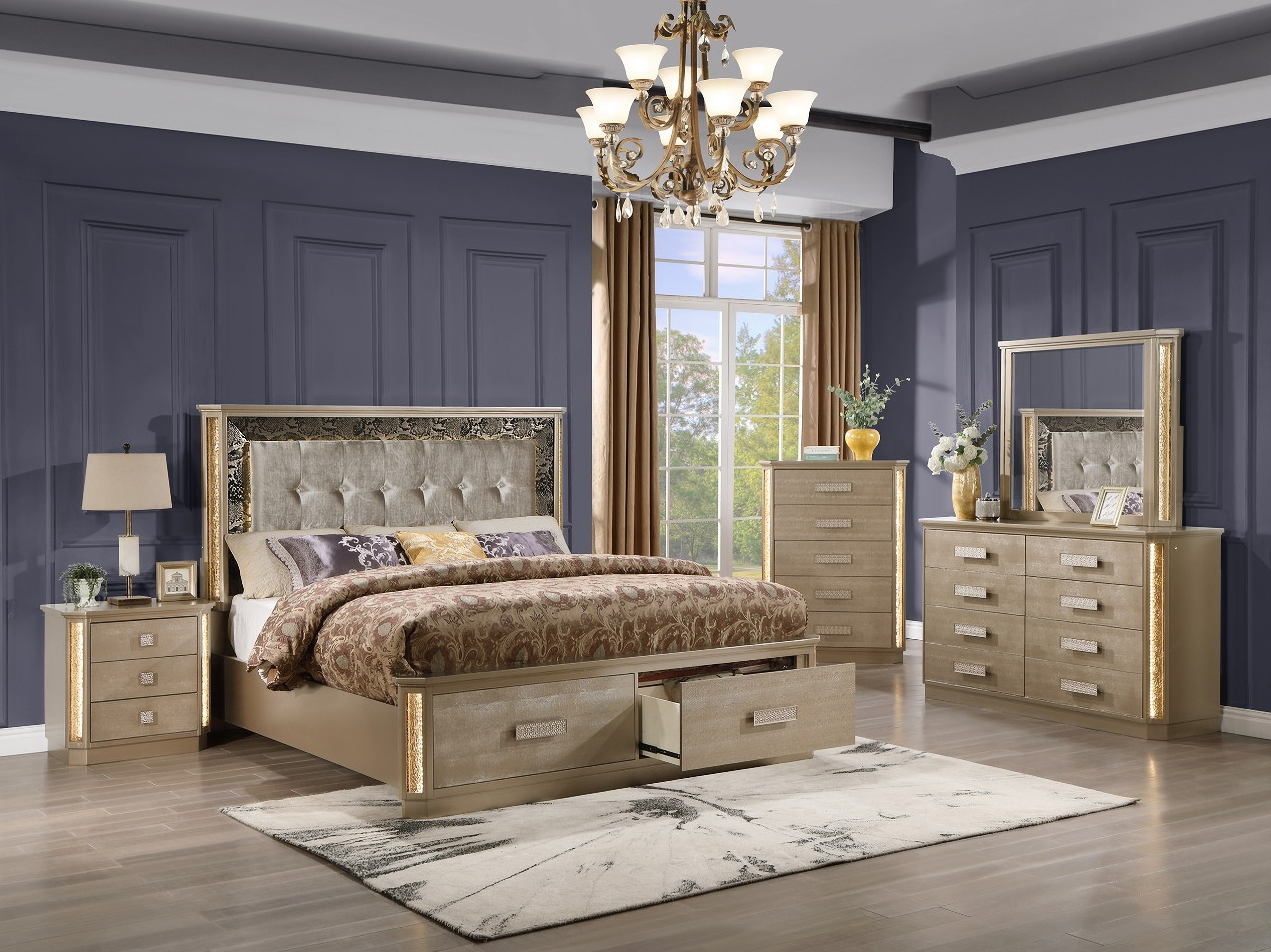 Medusa 4 Piece Queen Bedroom Set In Gold by Galaxy Home Furnishings