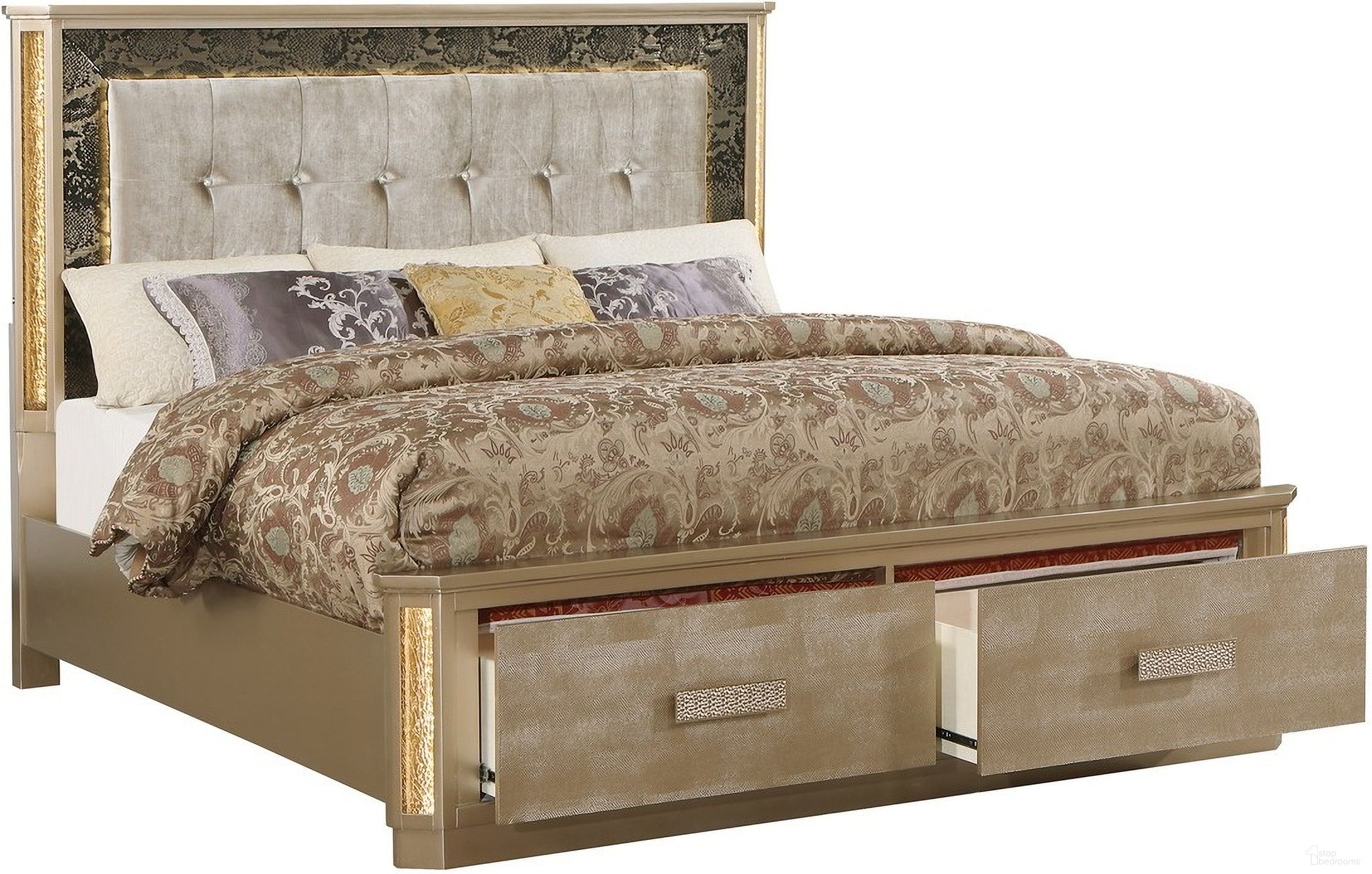 The appearance of Medusa Queen Gold Finish Bed designed by Galaxy Home Furnishings in the modern / contemporary interior design. This gold piece of furniture  was selected by 1StopBedrooms from Medusa Collection to add a touch of cosiness and style into your home. Sku: 601955551601-1;601955551601-2;601955551601-3. Bed Type: Storage Bed. Material: Wood. Bed Size: Queen.