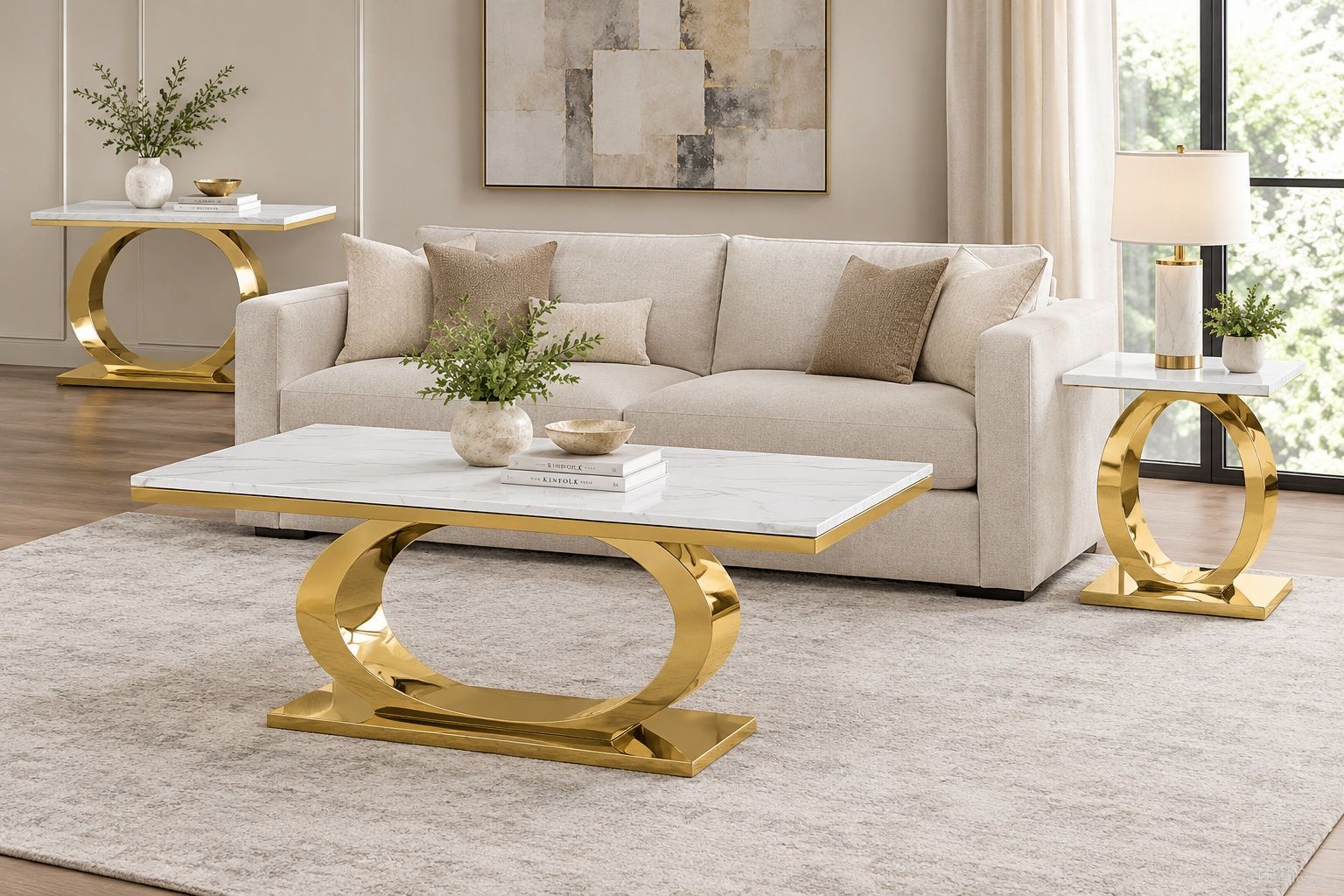 Megan Occasional Table Set In White Marble and Gold Stainless Steel Oval Base