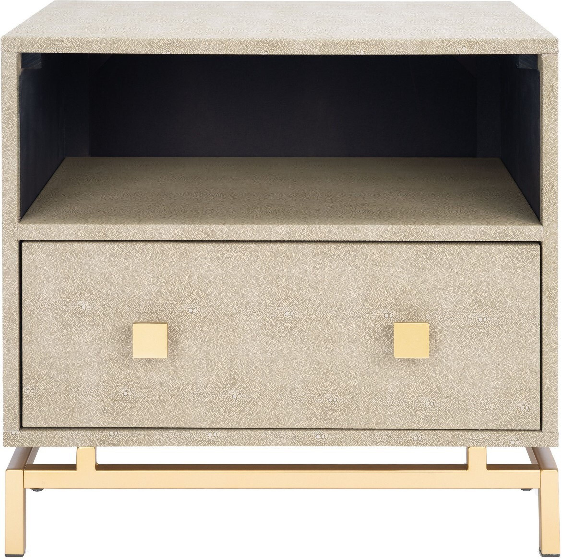 The appearance of Meilana 1 Shelf 1 Drawer Nightstand in Taupe designed by Safavieh in the modern / contemporary interior design. This taupe piece of furniture  was selected by 1StopBedrooms from Meilana Collection to add a touch of cosiness and style into your home. Sku: NST6403A. Material: Wood.