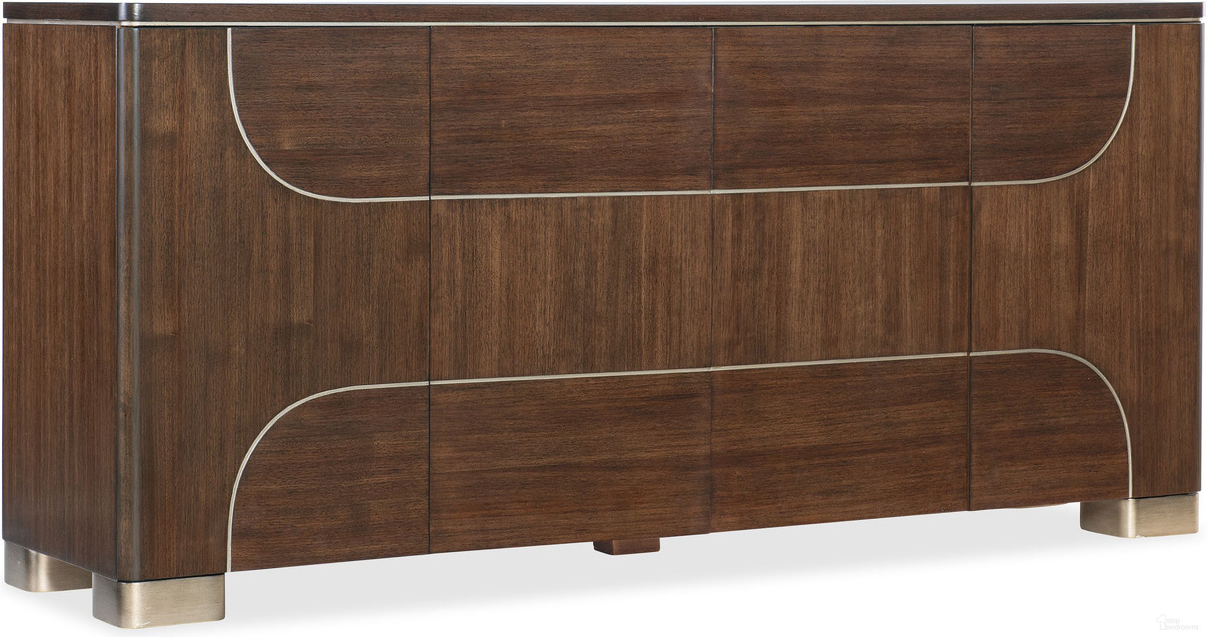 The appearance of Melange Contours Credenza In Dark Wood designed by Hooker in the traditional interior design. This dark wood piece of furniture was selected by 1StopBedrooms from Melange Collection to add a touch of cosiness and style into your home. Sku: 628-55076-89. Material: Walnut Veneer.