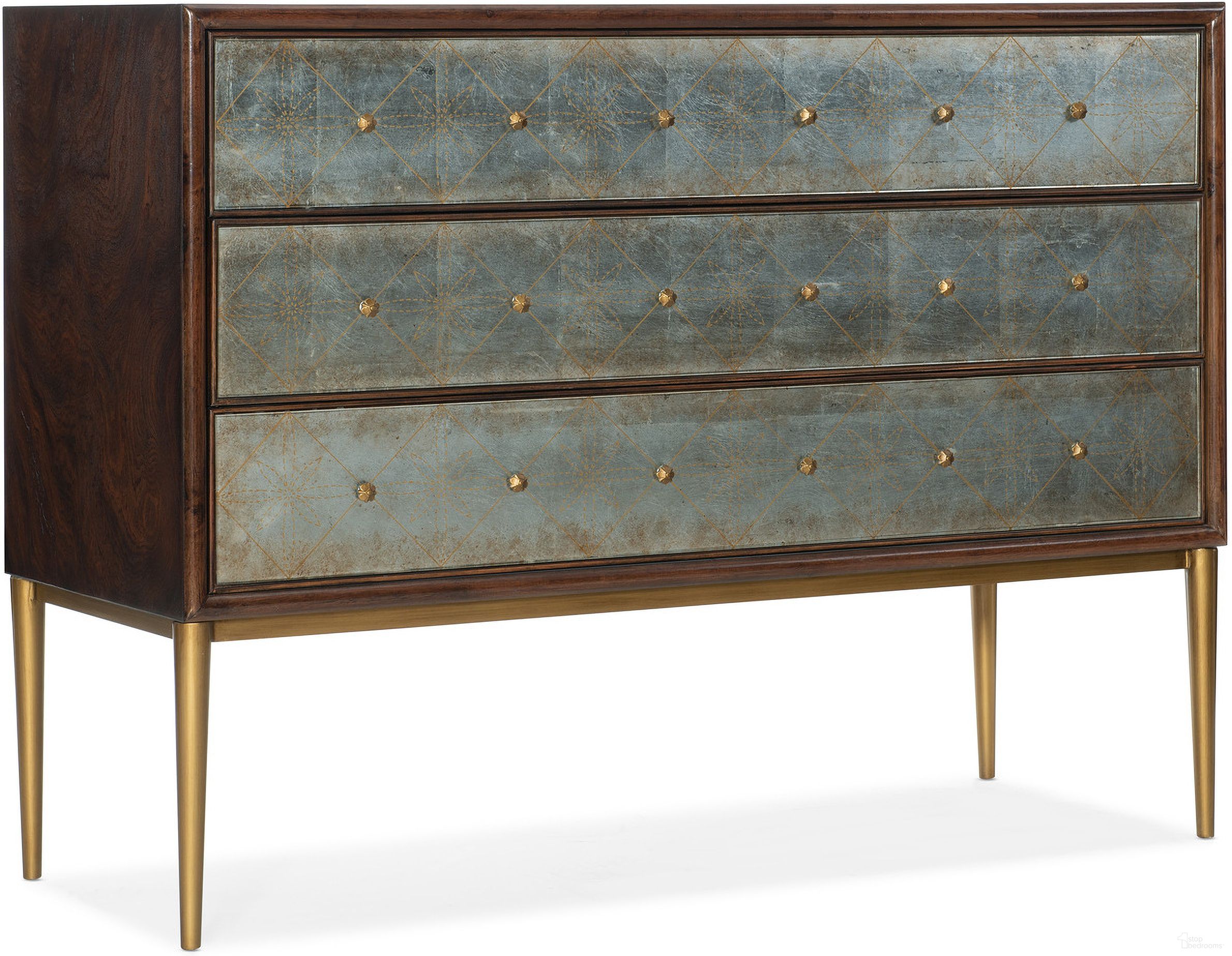 The appearance of Melange Estrella Three Drawer Chest designed by Hooker in the traditional interior design. This dark wood piece of furniture was selected by 1StopBedrooms from Melange Collection to add a touch of cosiness and style into your home. Sku: 628-85635-647. Material: Mahogany.