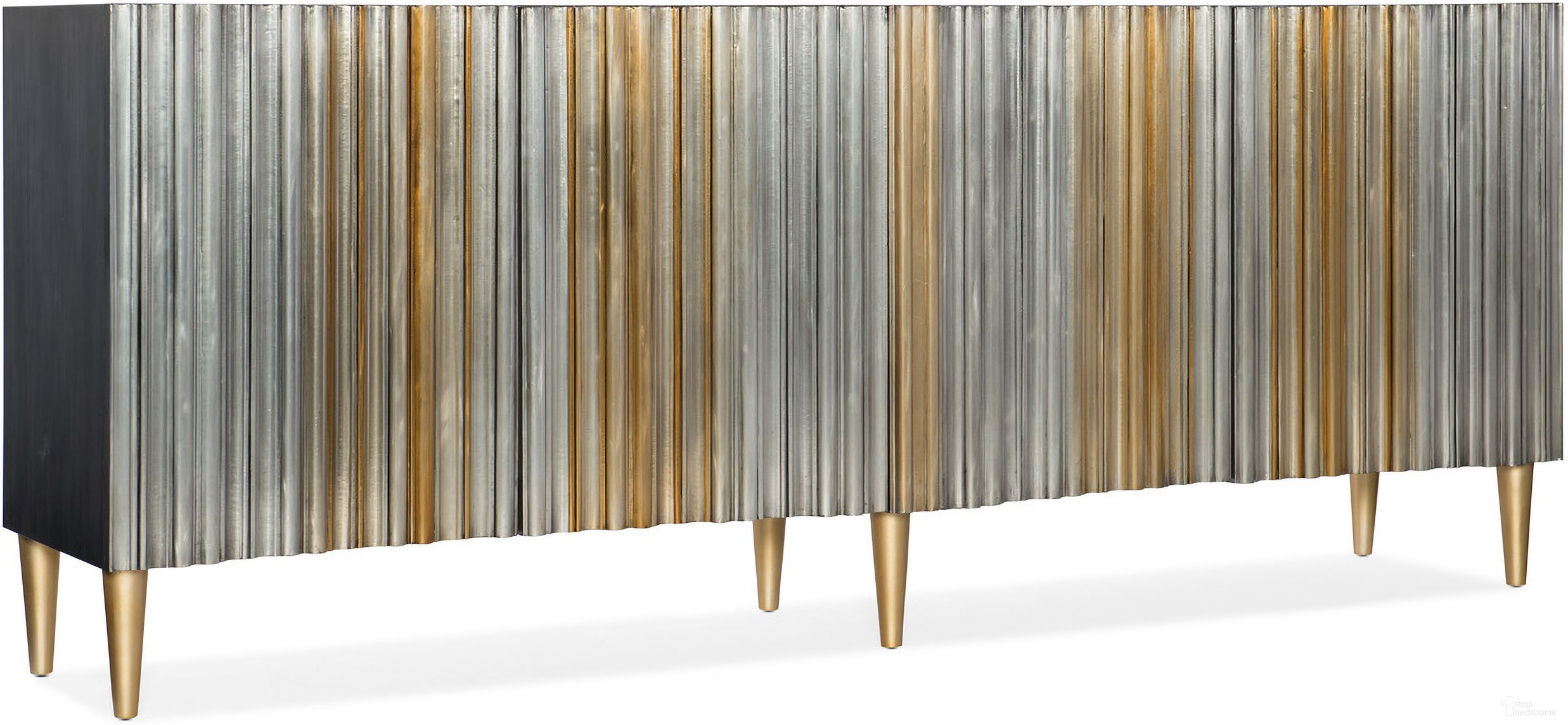 The appearance of Melange Gold Apollo Credenza designed by Hooker in the transitional interior design. This gold piece of furniture was selected by 1StopBedrooms from Melange Collection to add a touch of cosiness and style into your home. Sku: 638-85435-MTL. Material: Hardwood.