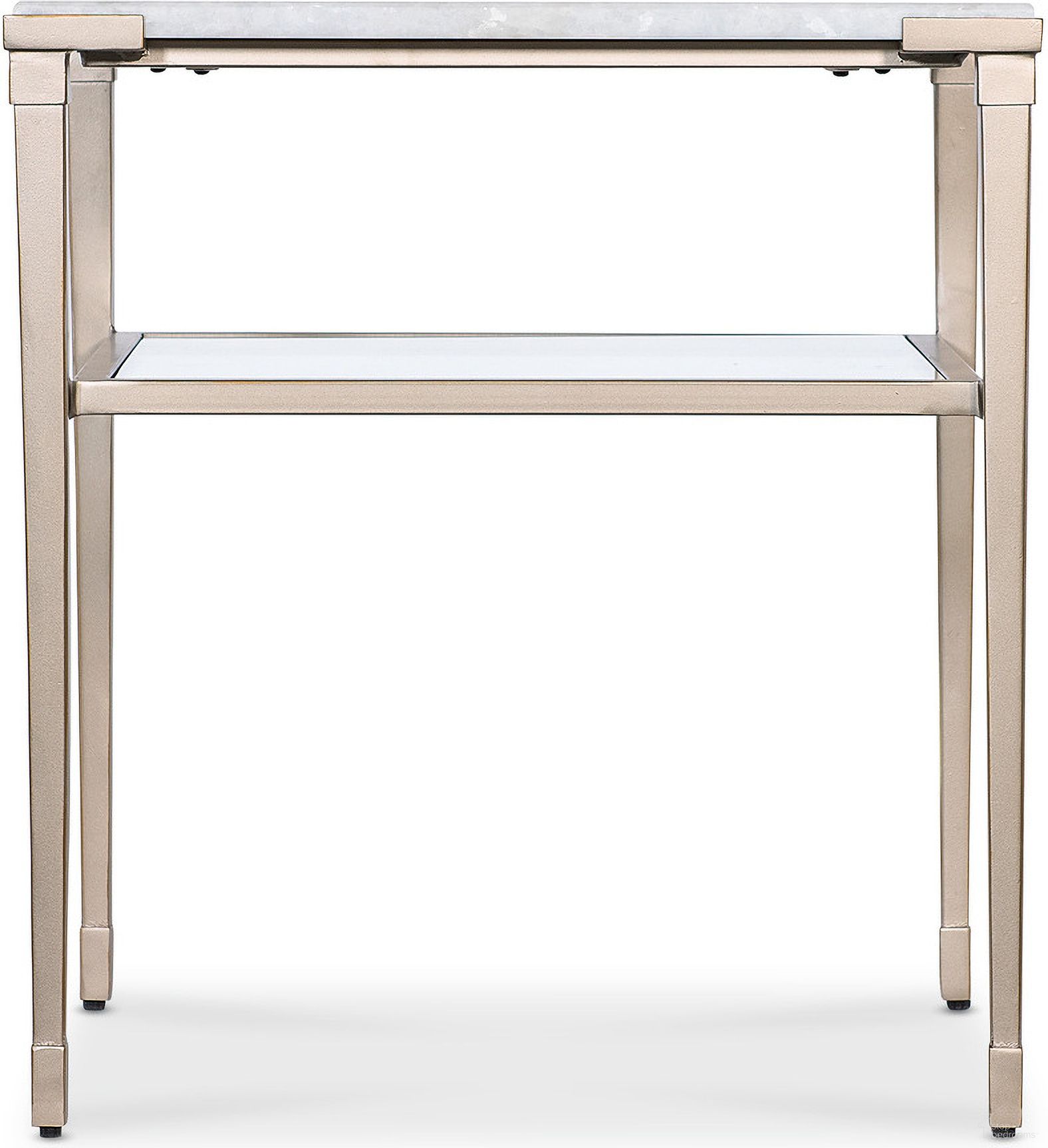 The appearance of Melange Jen End Table In Gold designed by Hooker in the transitional interior design. This gold piece of furniture  was selected by 1StopBedrooms from Melange Collection to add a touch of cosiness and style into your home. Sku: 628-80590-00. Material: Metal.