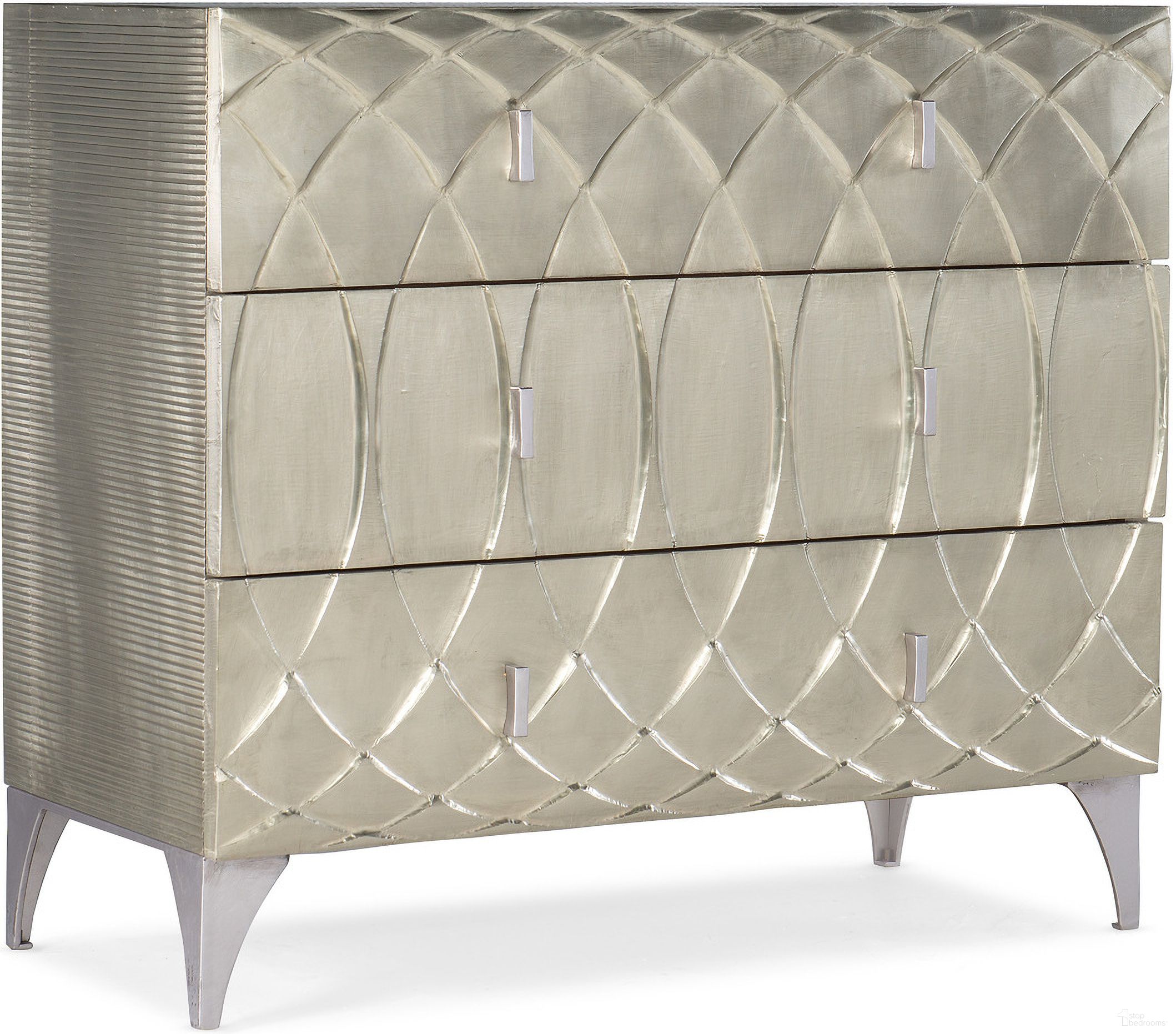 The appearance of Melange Mathilda Three Drawer Chest designed by Hooker in the transitional interior design. This silver piece of furniture  was selected by 1StopBedrooms from Melange Collection to add a touch of cosiness and style into your home. Sku: 628-85644-92. Material: Mango Wood.