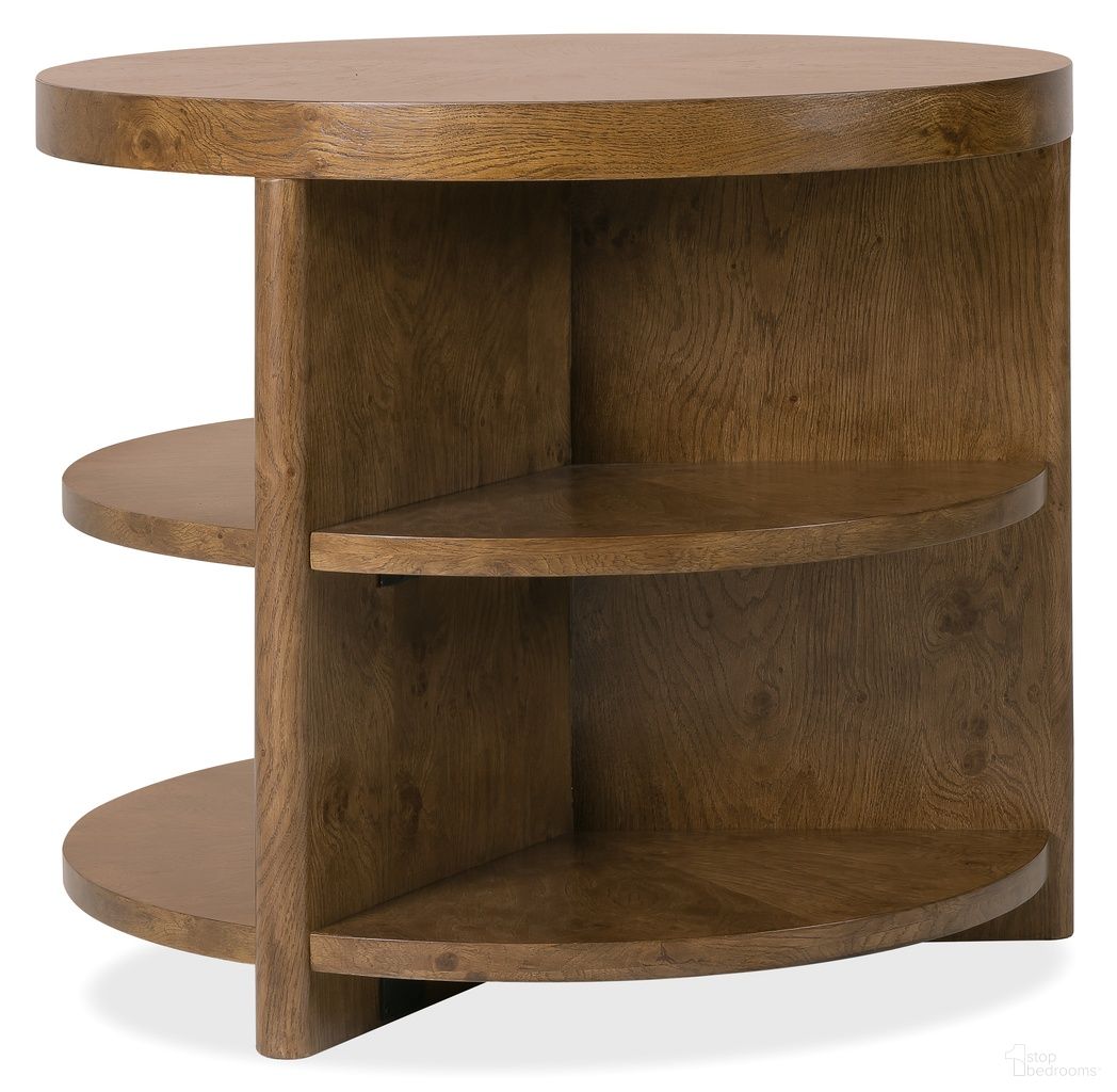 The appearance of Melange Mulholland Round End Table In Golden Brown designed by Hooker in the transitional interior design. This golden brown piece of furniture was selected by 1StopBedrooms from Melange Collection to add a touch of cosiness and style into your home. Sku: 628-80606-82. Material: Solid Oak.