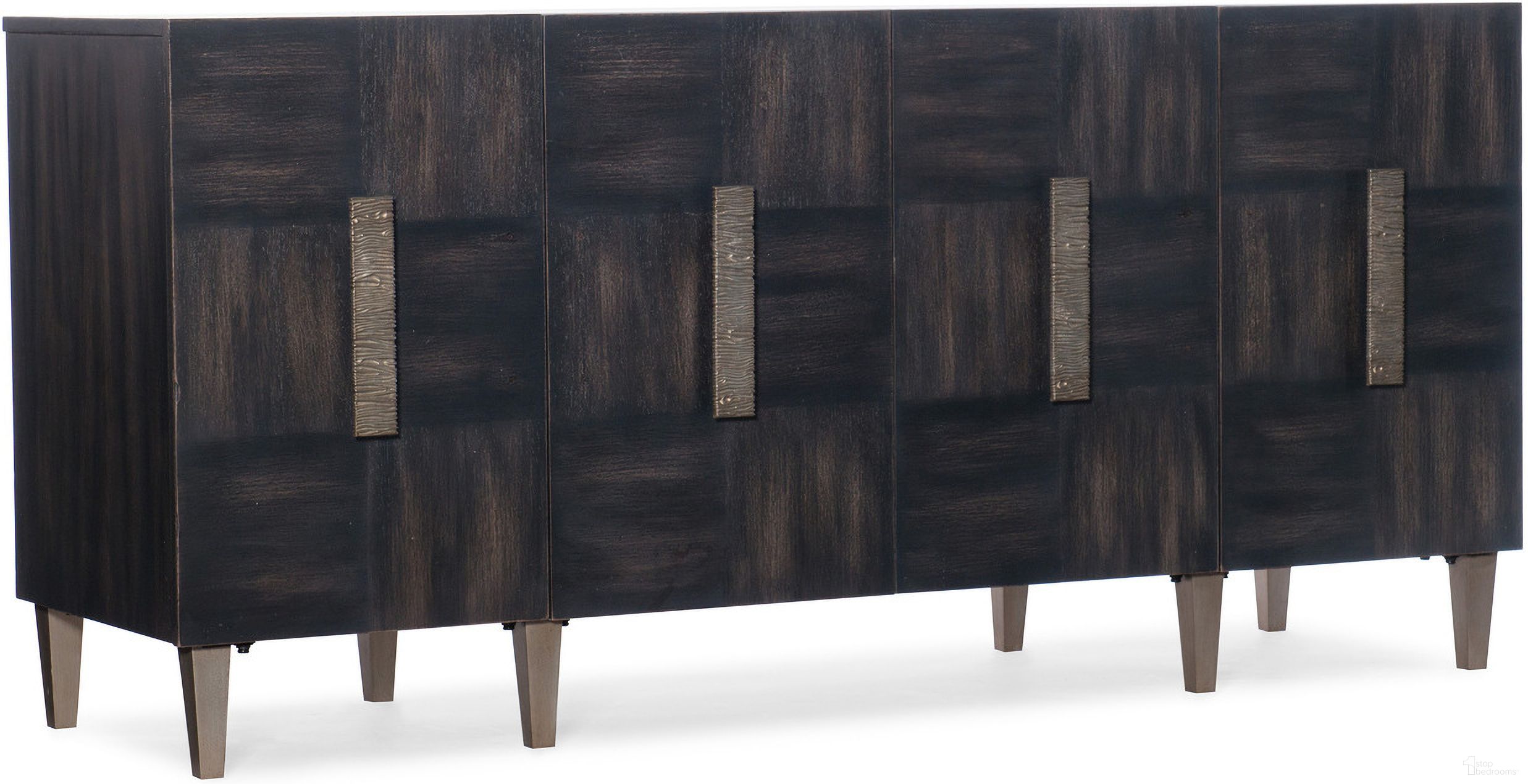 The appearance of Melange Neville Credenza designed by Hooker in the transitional interior design. This dark wood piece of furniture was selected by 1StopBedrooms from Melange Collection to add a touch of cosiness and style into your home. Sku: 638-85457-89. Material: Walnut Veneer.