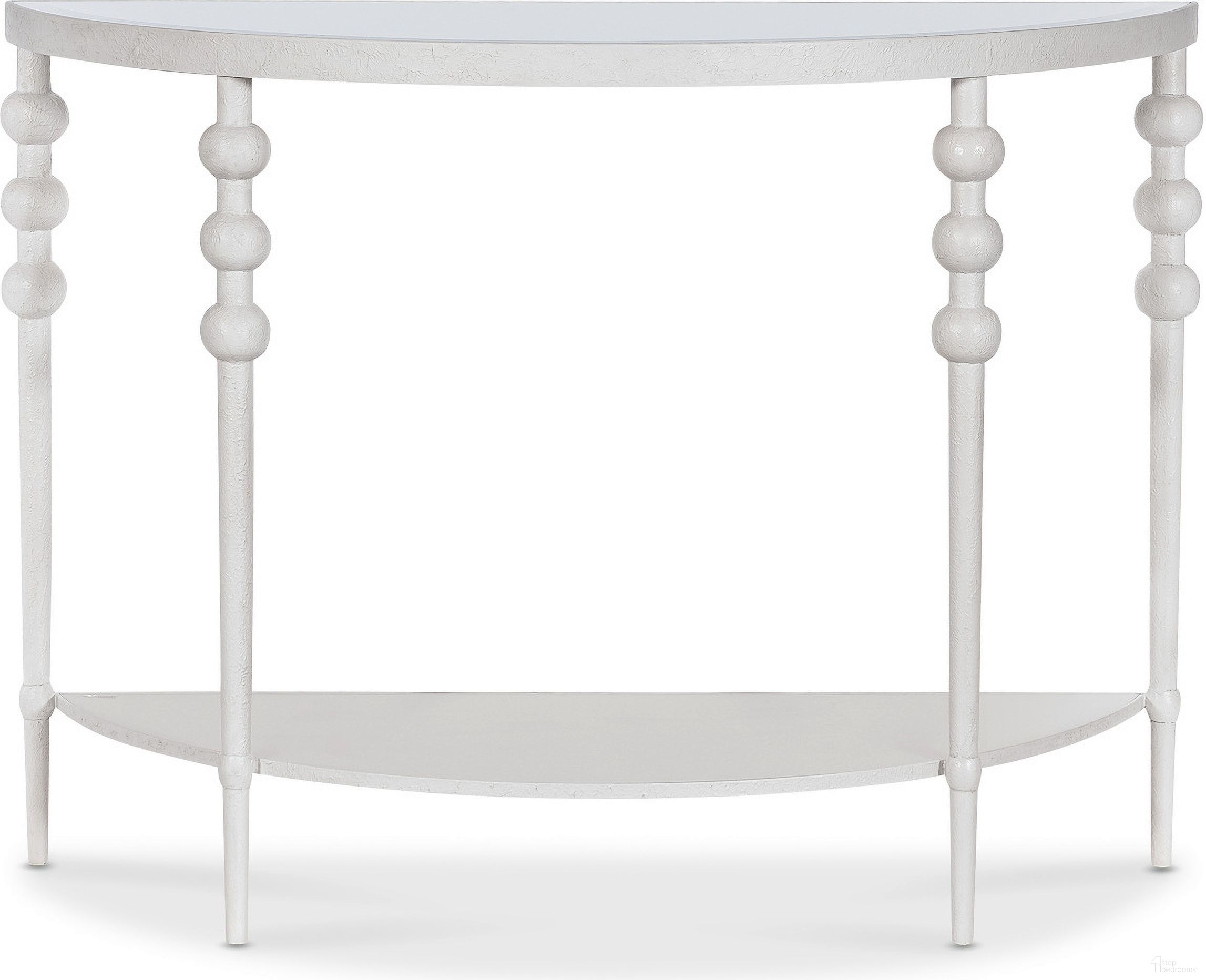 The appearance of Melange On the Bright Side Demilune Console In White designed by Hooker in the transitional interior design. This white piece of furniture  was selected by 1StopBedrooms from Melange Collection to add a touch of cosiness and style into your home. Sku: 628-85739-02. Material: Glass.