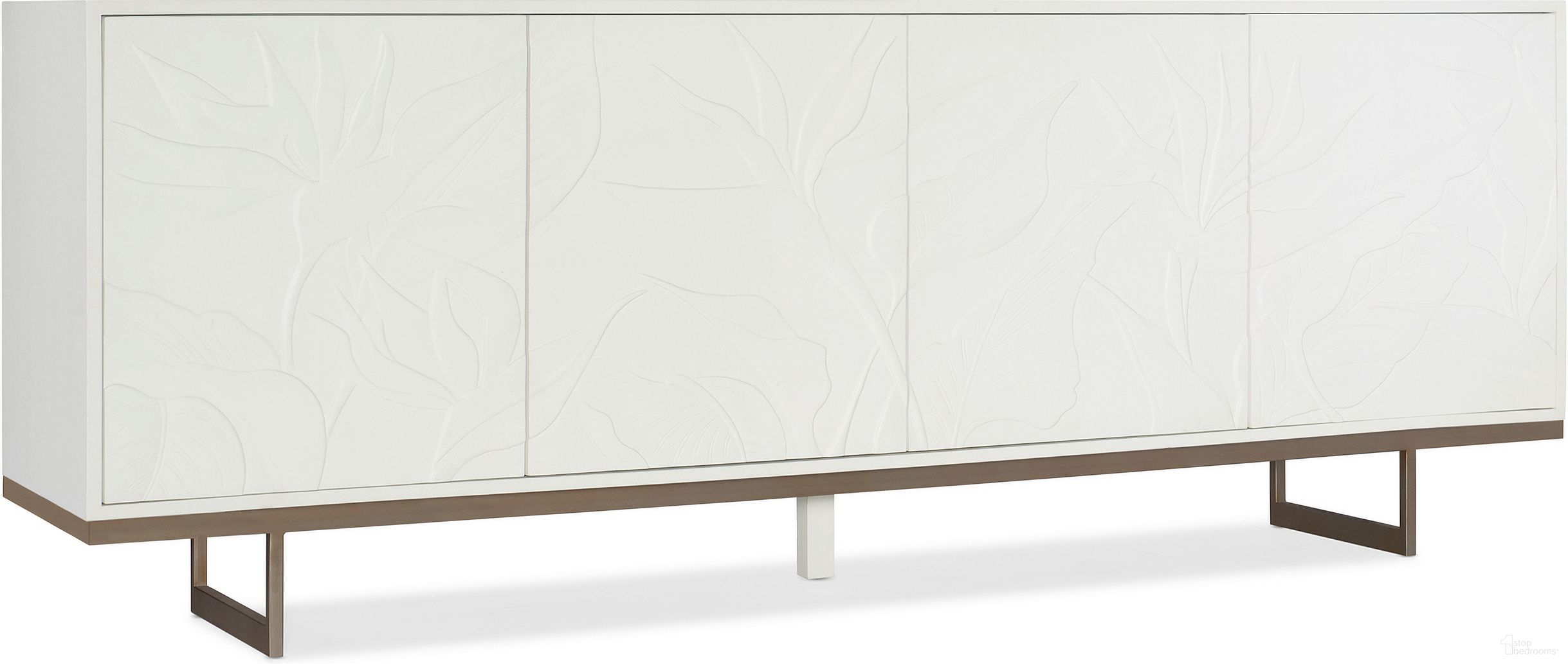 The appearance of Melange Passerine Four Door Credenza designed by Hooker in the transitional interior design. This white piece of furniture  was selected by 1StopBedrooms from Melange Collection to add a touch of cosiness and style into your home. Sku: 628-85631-02. Material: Hardwood.