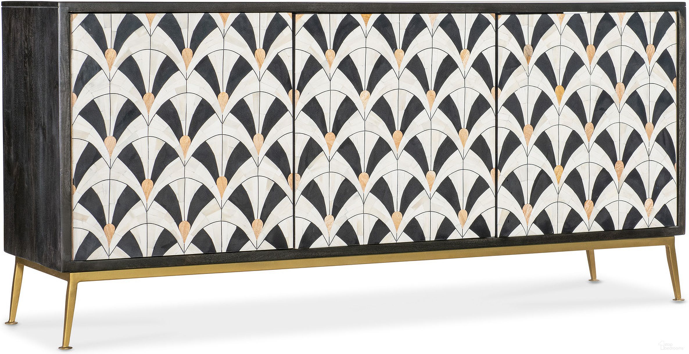 The appearance of Melange Renee Credenza In Black designed by Hooker in the transitional interior design. This black piece of furniture was selected by 1StopBedrooms from Melange Collection to add a touch of cosiness and style into your home. Sku: 628-85718-99. Material: Wood.