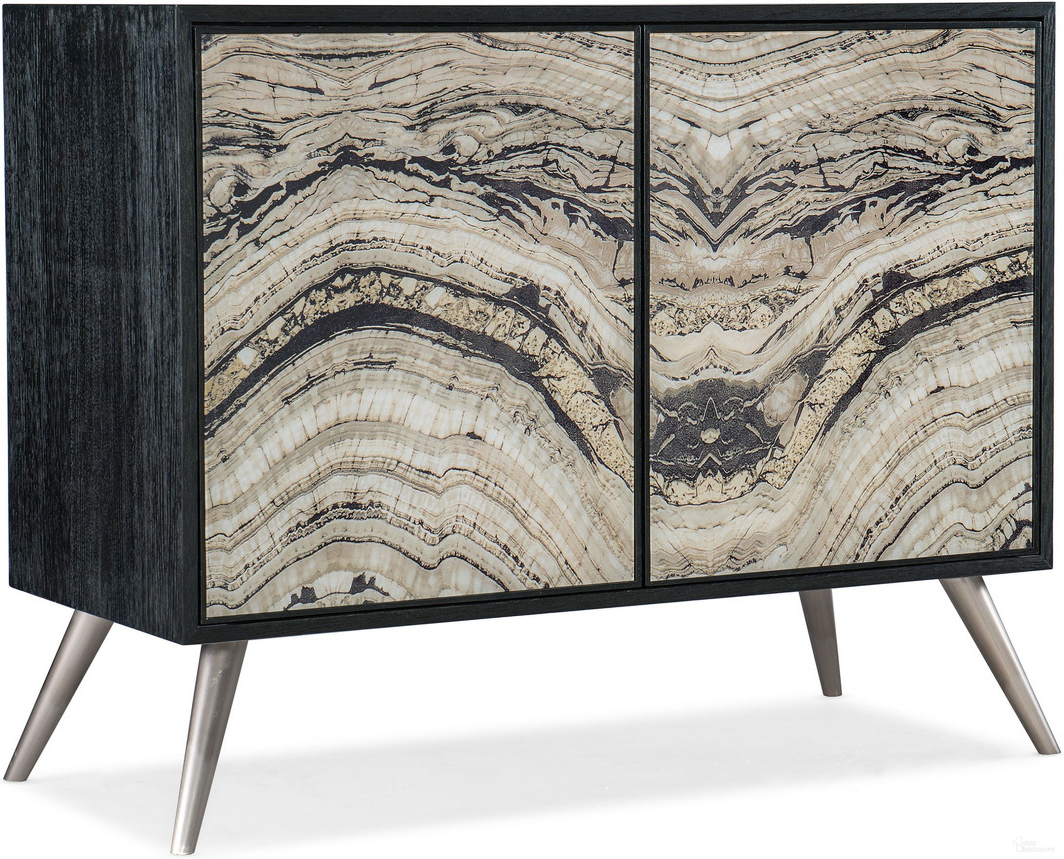 The appearance of Melange Rockee Two Door Chest designed by Hooker in the transitional interior design. This black piece of furniture  was selected by 1StopBedrooms from Melange Collection to add a touch of cosiness and style into your home. Sku: 628-85648-98. Material: Oak Veneer.