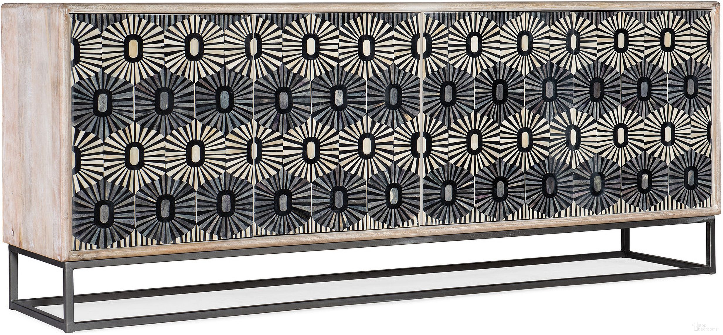 The appearance of Melange Whitmore Four Door Credenza designed by Hooker in the transitional interior design. This light wood piece of furniture  was selected by 1StopBedrooms from Melange Collection to add a touch of cosiness and style into your home. Sku: 628-85111-02. Material: Wood.