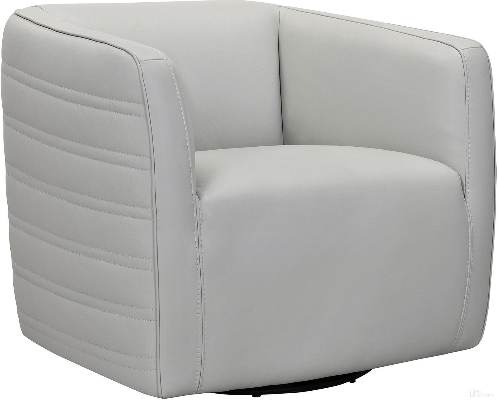 The appearance of Melanie Swivel Dove Gray Genuine Leather Barrel Chair designed by Armen Living in the modern / contemporary interior design. This dove gray piece of furniture  was selected by 1StopBedrooms from Melanie Collection to add a touch of cosiness and style into your home. Sku: LCMECHDV. Material: Wood.