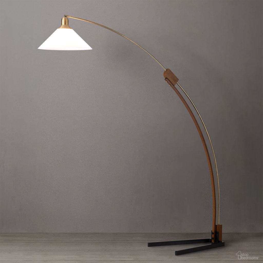 Melmar V-Base Arc Floor Lamp In Weathered Brass and Walnut