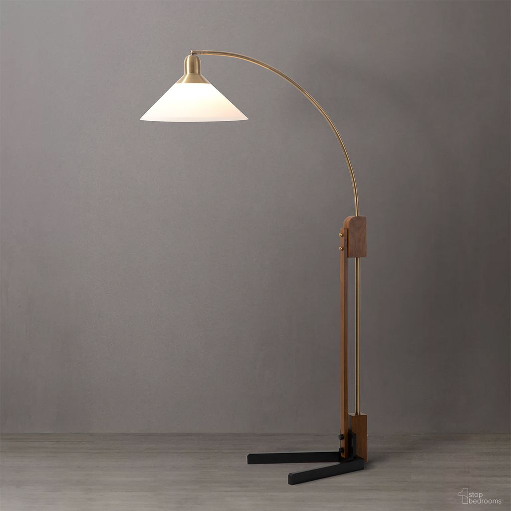 Melmar V-Base Chairside Arc Floor Lamp In Weathered Brass and Walnut