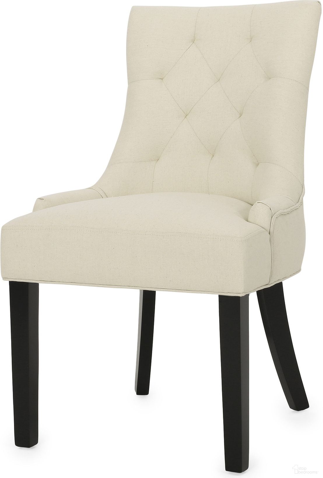 The appearance of Melodic Upholstered Dining Chair with Slide Arm and Diamond Tufted Back In Beige designed by Noble House in the modern / contemporary interior design. This beige piece of furniture  was selected by 1StopBedrooms from Melodic Collection to add a touch of cosiness and style into your home. Sku: 54181.00F. Material: Metal. Chair Type: Side Chair.