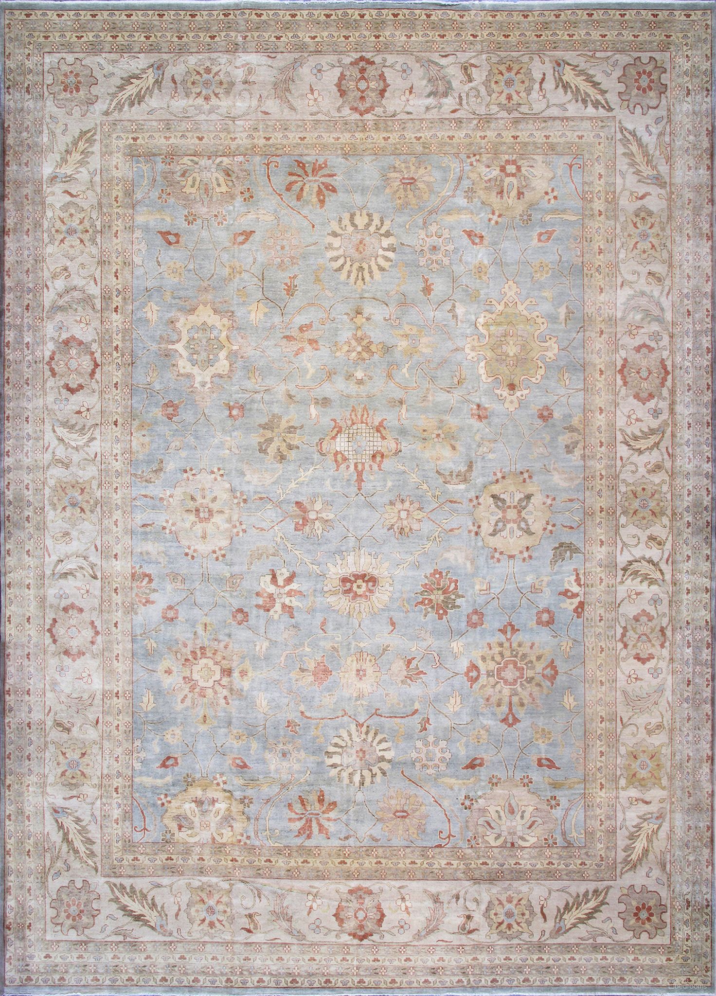 Melody Collection Hand-Knotted Lamb's Wool Area Rug- 12' 3" x 18' In Light Blue and Ivory