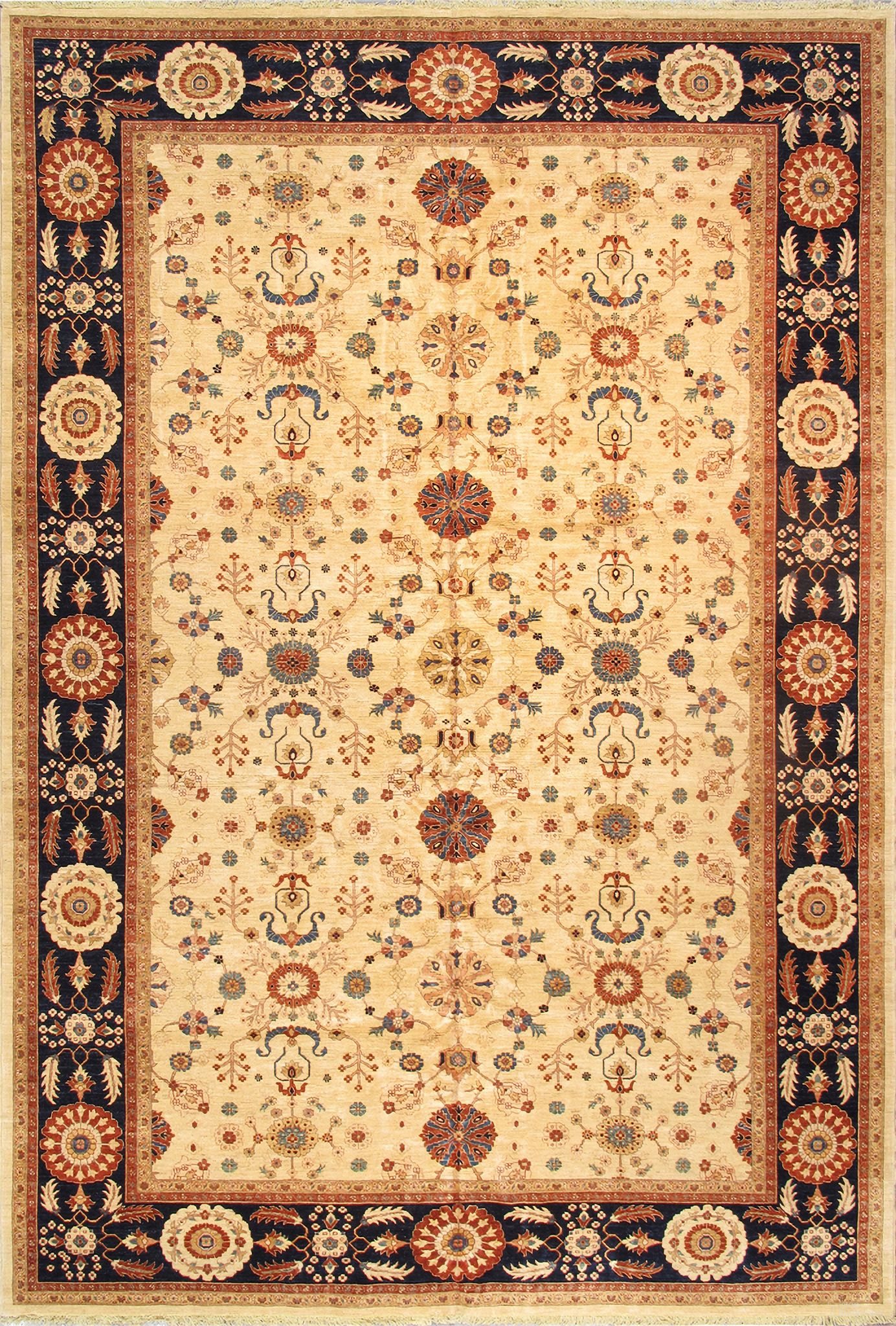 Melody Collection Hand-Knotted Lamb's Wool Area Rug- 12' x 17' 8" In Ivory and Navy