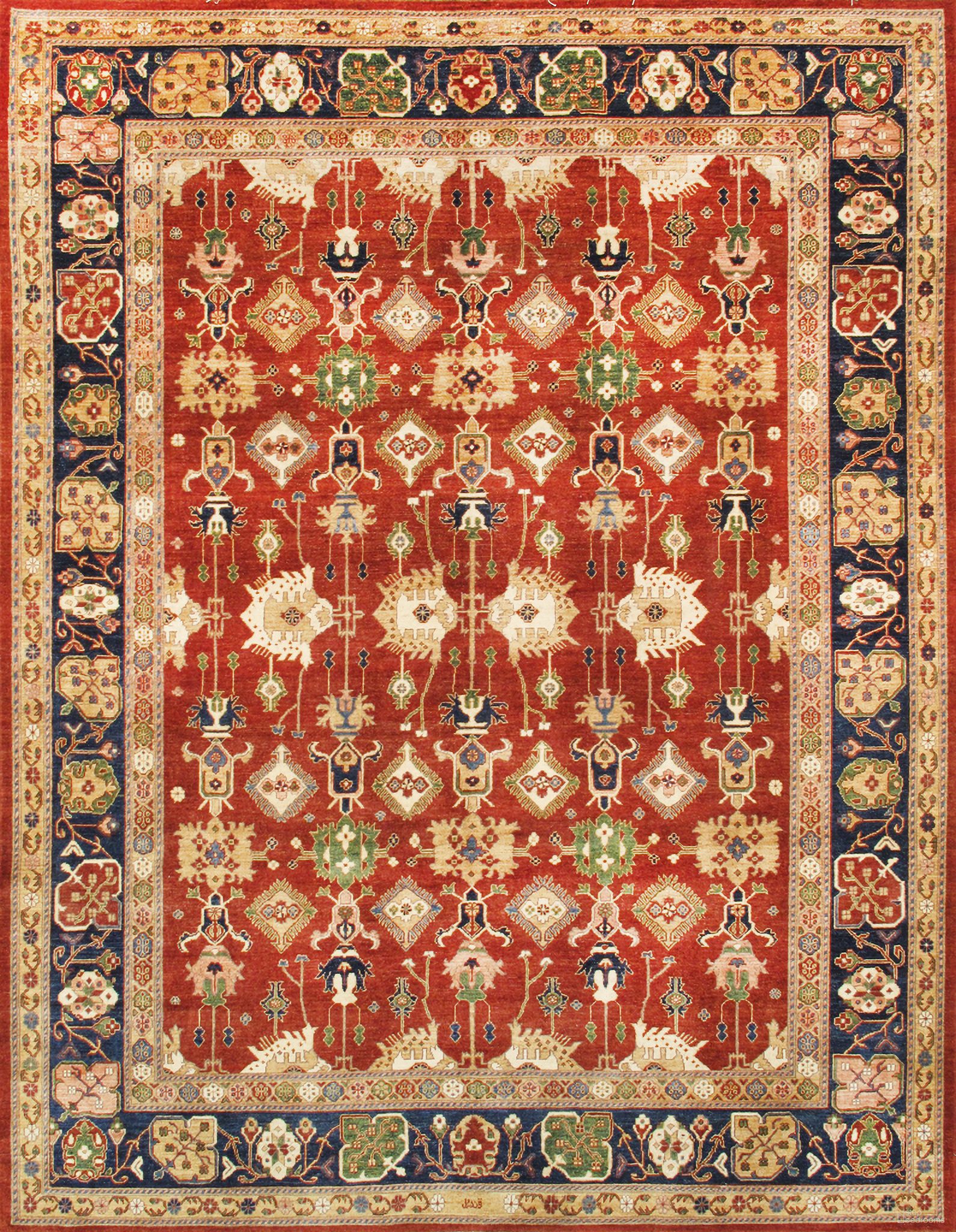 Melody Collection Hand-Knotted Lamb's Wool Area Rug- 9' 1" x 11' 8" In Rust and Navy