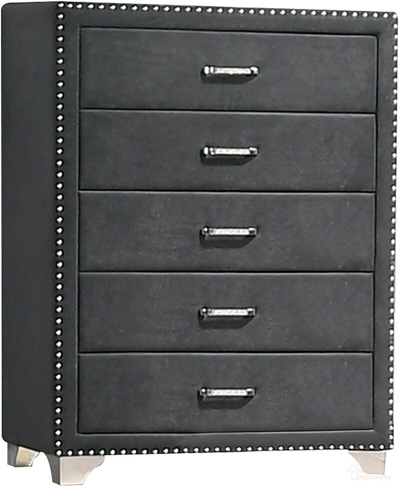 The appearance of Melody 5-drawer Upholstered Chest Grey designed by Coaster in the glam interior design. This grey piece of furniture was selected by 1StopBedrooms from Melody Collection to add a touch of cosiness and style into your home. Sku: 223385. Material: Upholstered.
