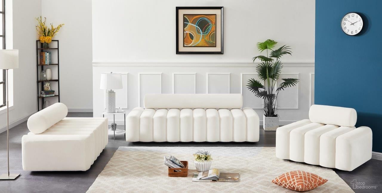 The appearance of Melody Living Room Set In Cream designed by Meridian in the modern / contemporary interior design. This cream piece of furniture was selected by 1StopBedrooms from Melody Collection to add a touch of cosiness and style into your home. Sku: 647Cream-S;647Cream-L. Material: Velvet.