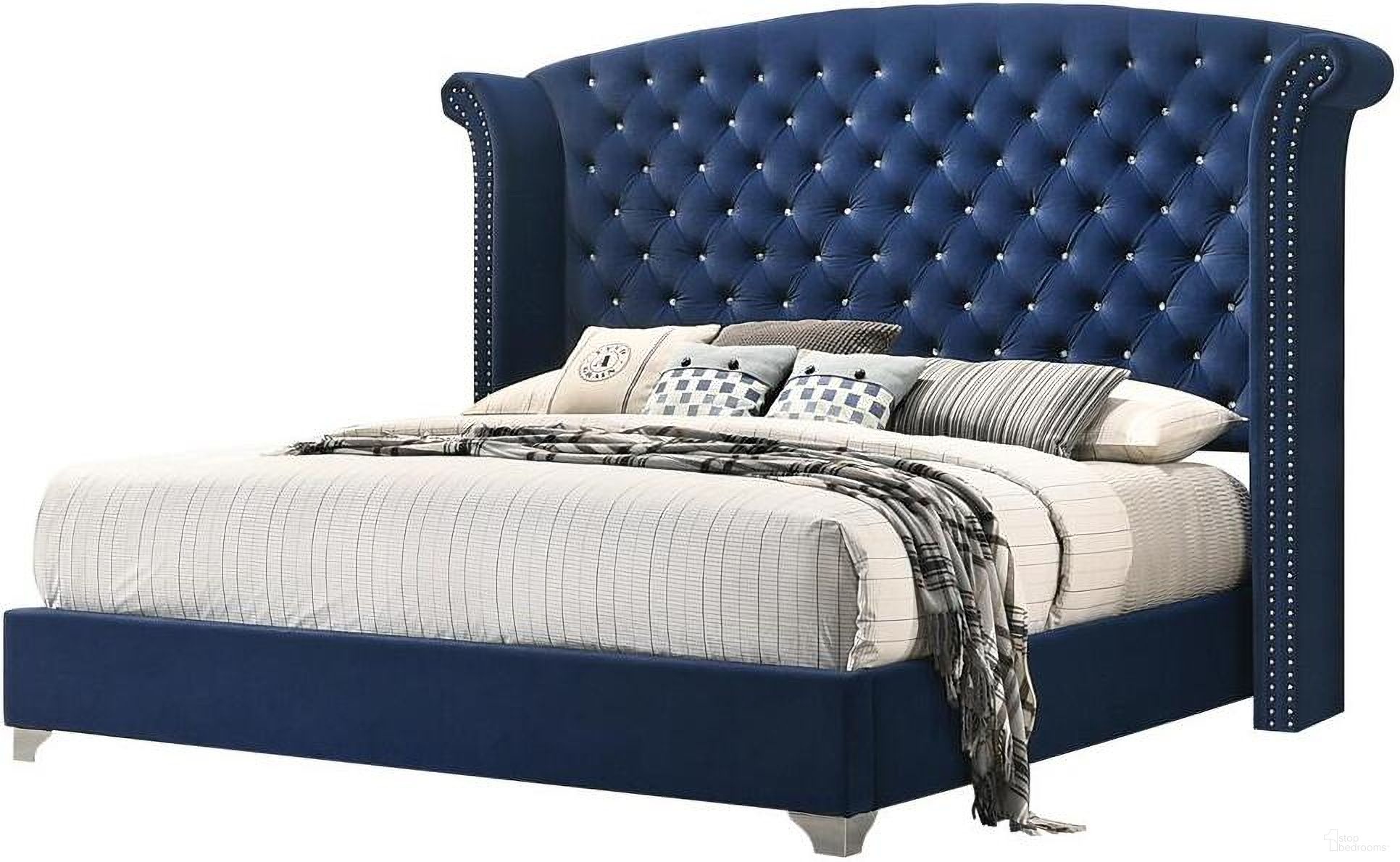 The appearance of Melody Eastern King Wingback Upholstered Bed Pacific Blue designed by Coaster in the glam interior design. This pacific blue piece of furniture  was selected by 1StopBedrooms from Melody Collection to add a touch of cosiness and style into your home. Sku: 223371KEB1;223371KEB2;223371KEB3. Material: Upholstered. Bed Size: King. Bed Type: Upholstered Bed.