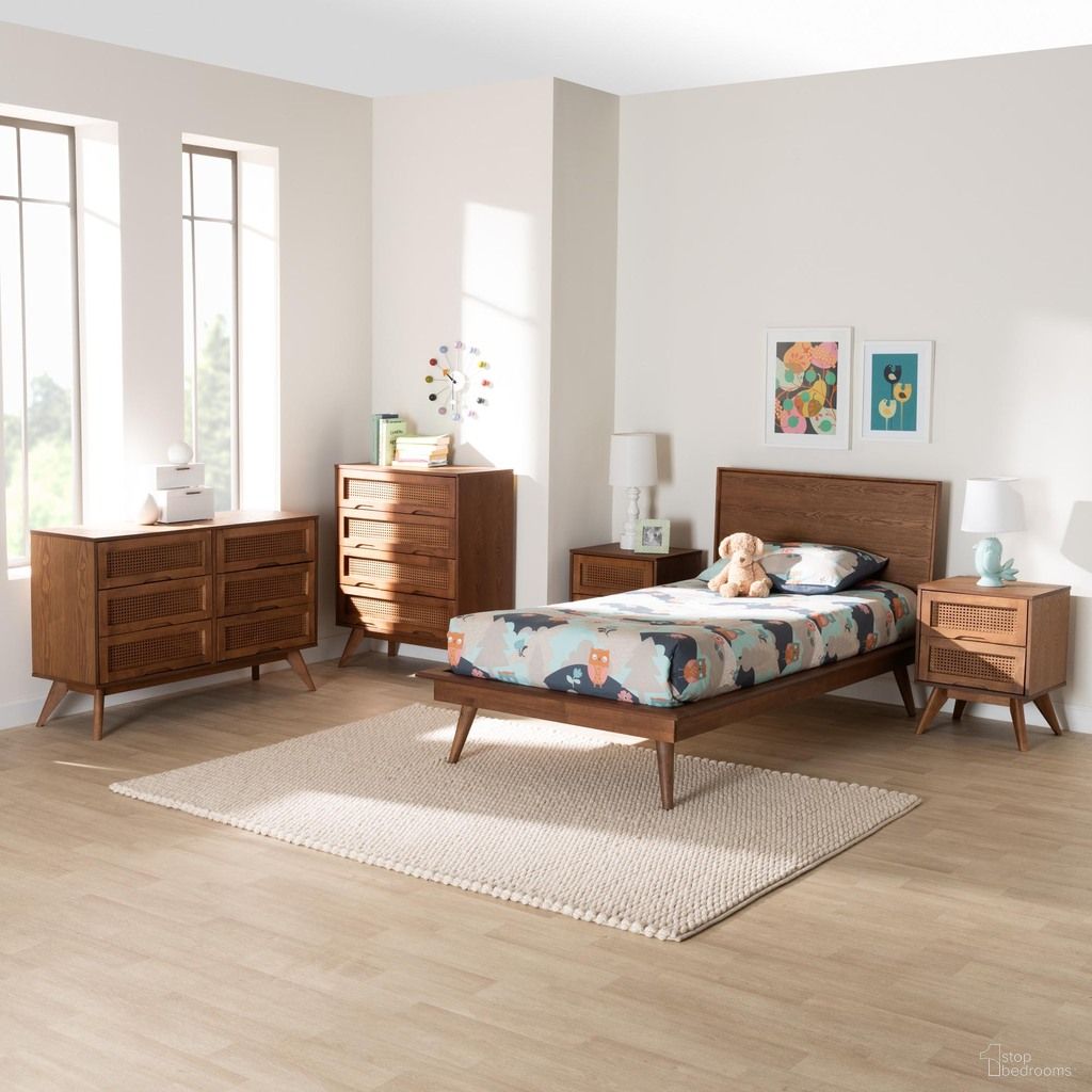 Melora Wood and Rattan 5 Piece Twin Bedroom Set In Walnut Brown