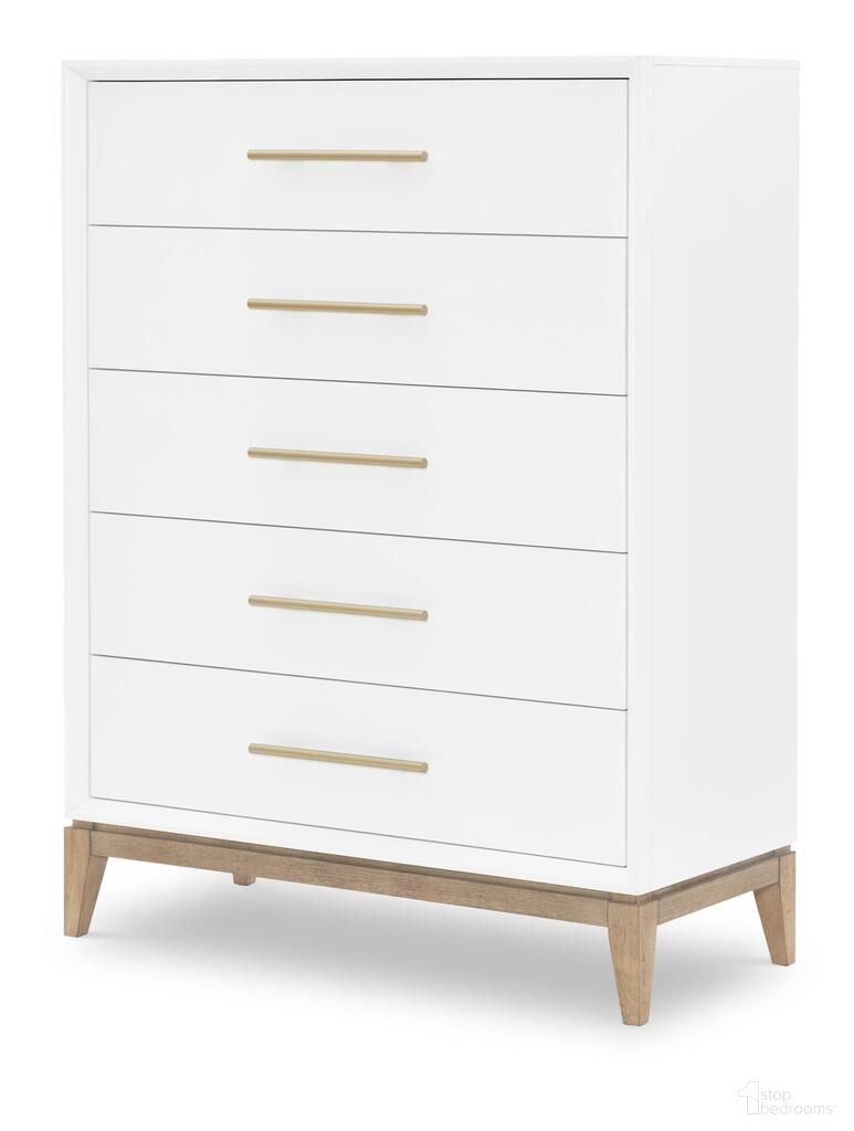 The appearance of Melrose 5 Drawer Chest In Cloud White and Desert Oak designed by Legacy Classic in the modern / contemporary interior design. This cloud white and desert oak piece of furniture  was selected by 1StopBedrooms from Melrose Collection to add a touch of cosiness and style into your home. Sku: 4230-2200. Material: MDF.