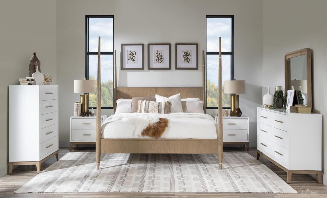 The appearance of Melrose Complete Poster Bedroom Set In Cloud White and Desert Oak designed by Legacy Classic in the transitional interior design. This cloud white and desert oak piece of furniture  was selected by 1StopBedrooms from Melrose Collection to add a touch of cosiness and style into your home. Sku: 4230-4205;4230-492;4230-4911;4230-3102. Bed Size: King. Material: MDF.