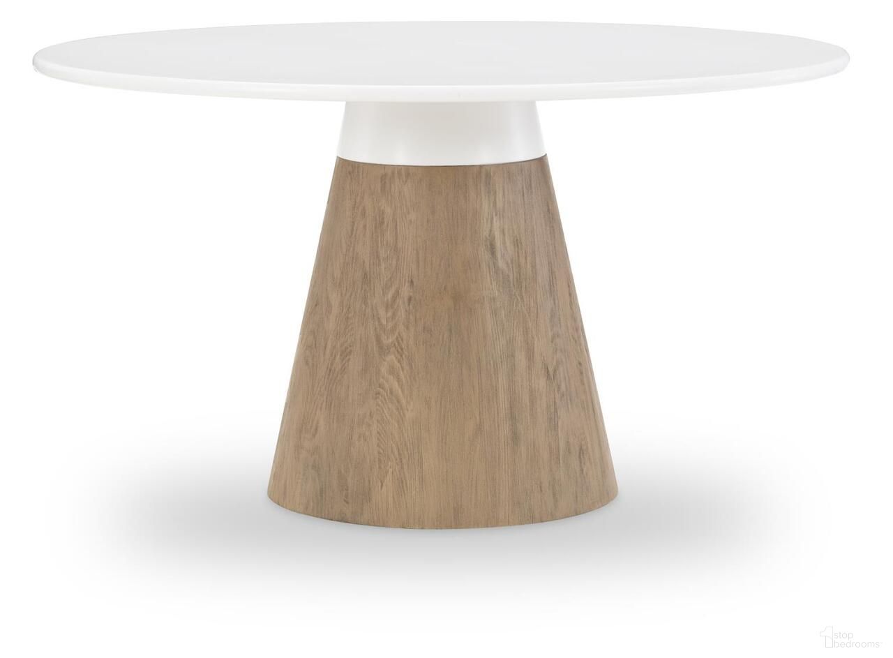 The appearance of Melrose Complete Round Dining Table In Cloud White and Desert Oak designed by Legacy Classic in the transitional interior design. This cloud white and desert oak piece of furniture was selected by 1StopBedrooms from Melrose Collection to add a touch of cosiness and style into your home. Sku: 4230-520T;4230-520B. Table Base Style: Pedestal. Table Top Shape: Round. Size: 54". Material: Solid Hardwood.