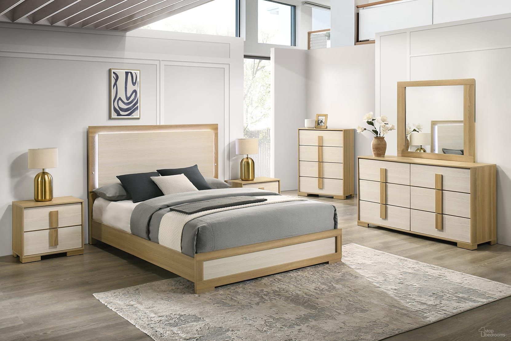 Melrose Melamine MDF LED Panel Bedroom Set in Natural and White