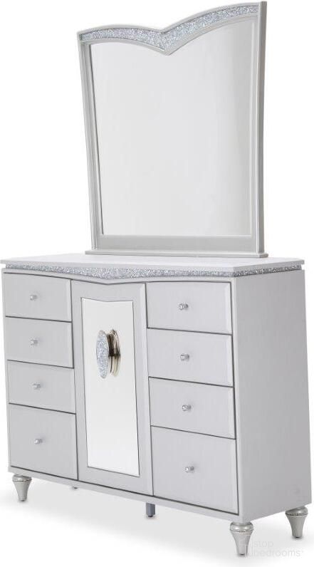 The appearance of Melrose Plaza Dove Mirror designed by Michael Amini in the modern / contemporary interior design. This dove piece of furniture  was selected by 1StopBedrooms from Melrose Plaza Collection to add a touch of cosiness and style into your home. Sku: 9019260-118. Material: Solid Wood.