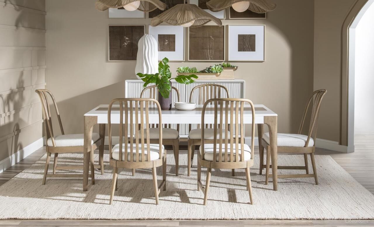 The appearance of Melrose Rectangular Dining Room Set In Cloud White and Desert designed by Legacy Classic in the modern / contemporary interior design. This cloud white and desert oak piece of furniture  was selected by 1StopBedrooms from Melrose Collection to add a touch of cosiness and style into your home. Sku: 4230-220;4230-140. Material: MDF. Table Top Shape: Rectangular. Size: 74" x 40".