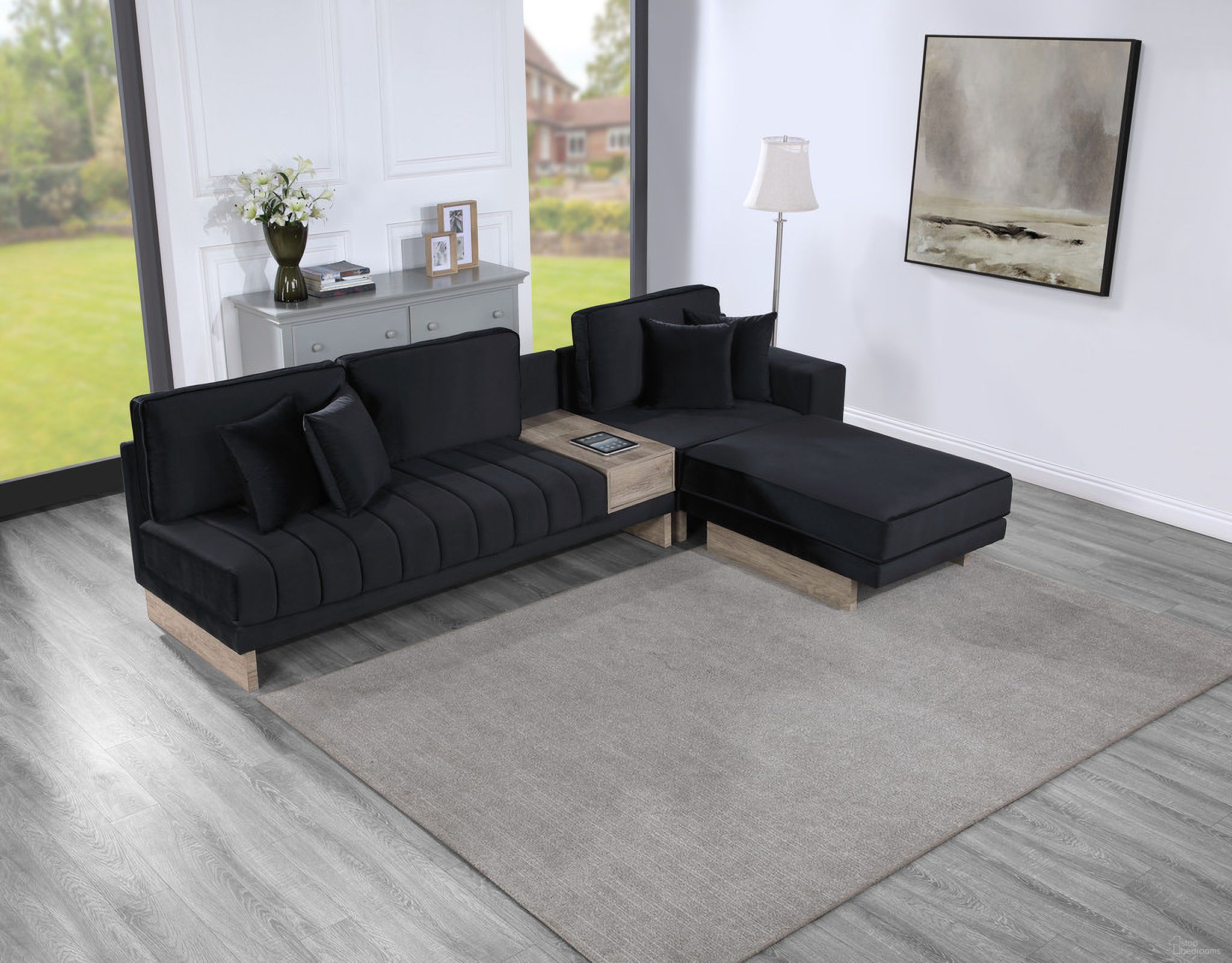 The appearance of Memphis 122.5 Inch Velvet Reversible Sectional Sofa Ottoman with Storage Compartment In Black designed by Lilola Home in the modern / contemporary interior design. This black piece of furniture was selected by 1StopBedrooms from Memphis Collection to add a touch of cosiness and style into your home. Sku: 83200-C;83200-CUS;83200-S;83200-O. Material: Velvet.