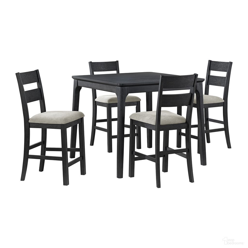 The appearance of Mendoza 5 Piece Counter Set with Table and 4 Chairs In Black and Grey designed by Picket House in the transitional interior design. This black/grey piece of furniture was selected by 1StopBedrooms from Mendoza Collection to add a touch of cosiness and style into your home. Sku: D-12990-8-5CS. Table Base Style: Legs. Table Top Shape: Square. Material: Oak.
