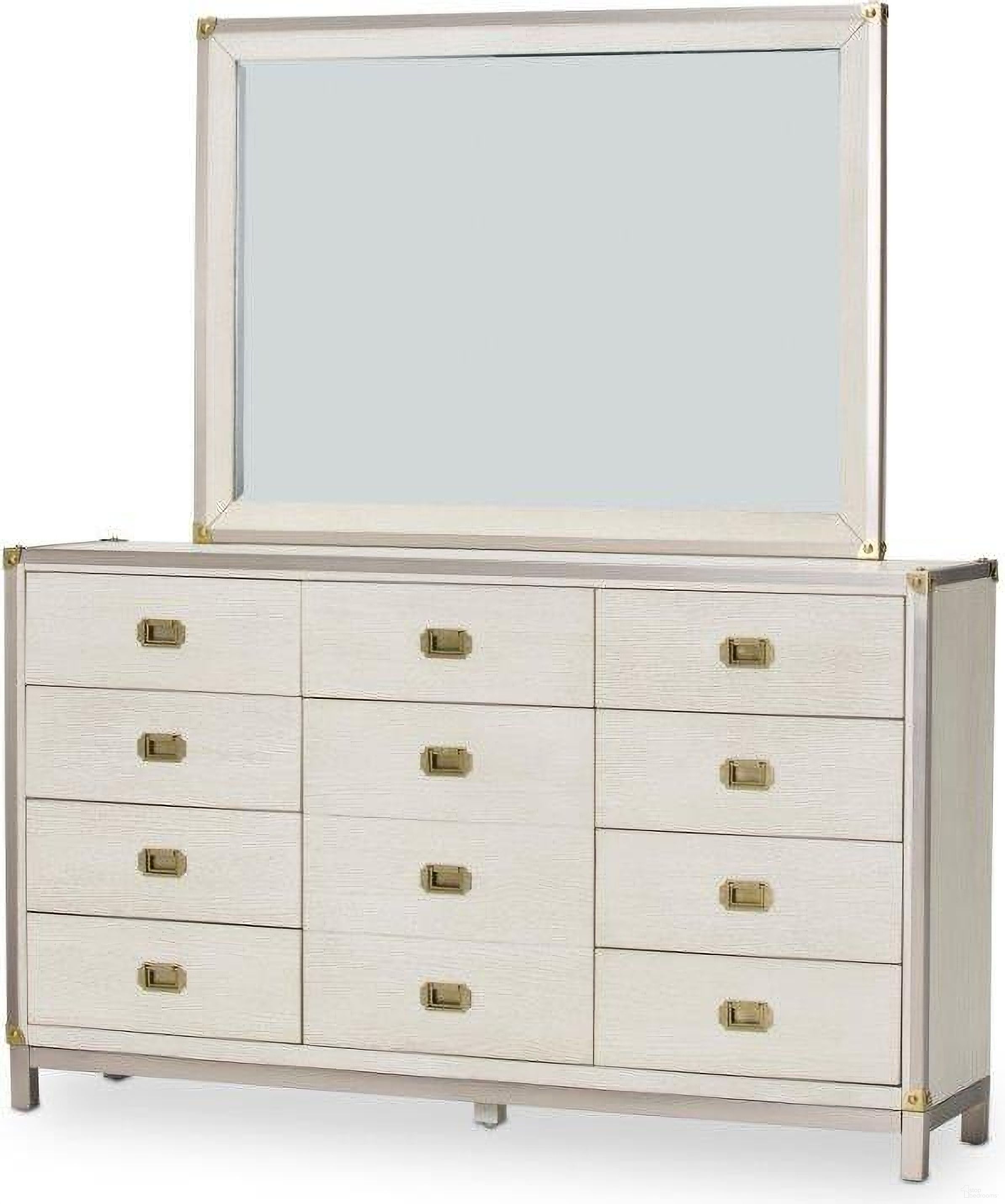 The appearance of Menlo Station Eucalyptus Dresser Mirror designed by Michael Amini in the transitional interior design. This eucalyptus piece of furniture was selected by 1StopBedrooms from Menlo Station Collection to add a touch of cosiness and style into your home. Sku: KI-MENP060-123. Material: Solid Wood.