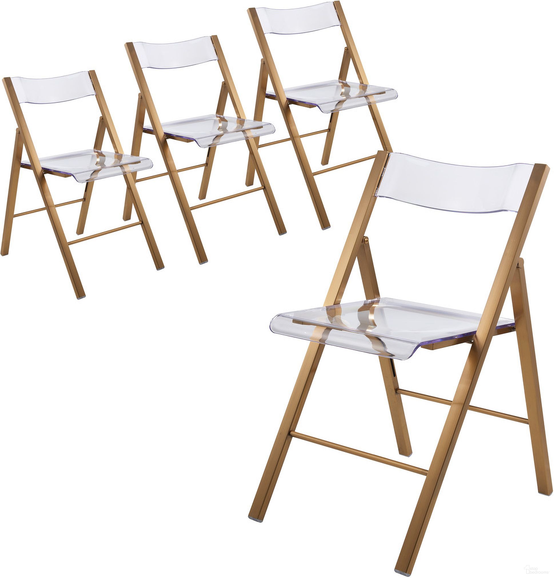 The appearance of Menno Acrylic Folding Chair Set of 4 In Brushed Gold designed by LeisureMod in the transitional interior design. This brushed gold piece of furniture  was selected by 1StopBedrooms from Menno Collection to add a touch of cosiness and style into your home. Sku: MFBG15CL4. Material: Stainless Steel. Chair Type: Side Chair.