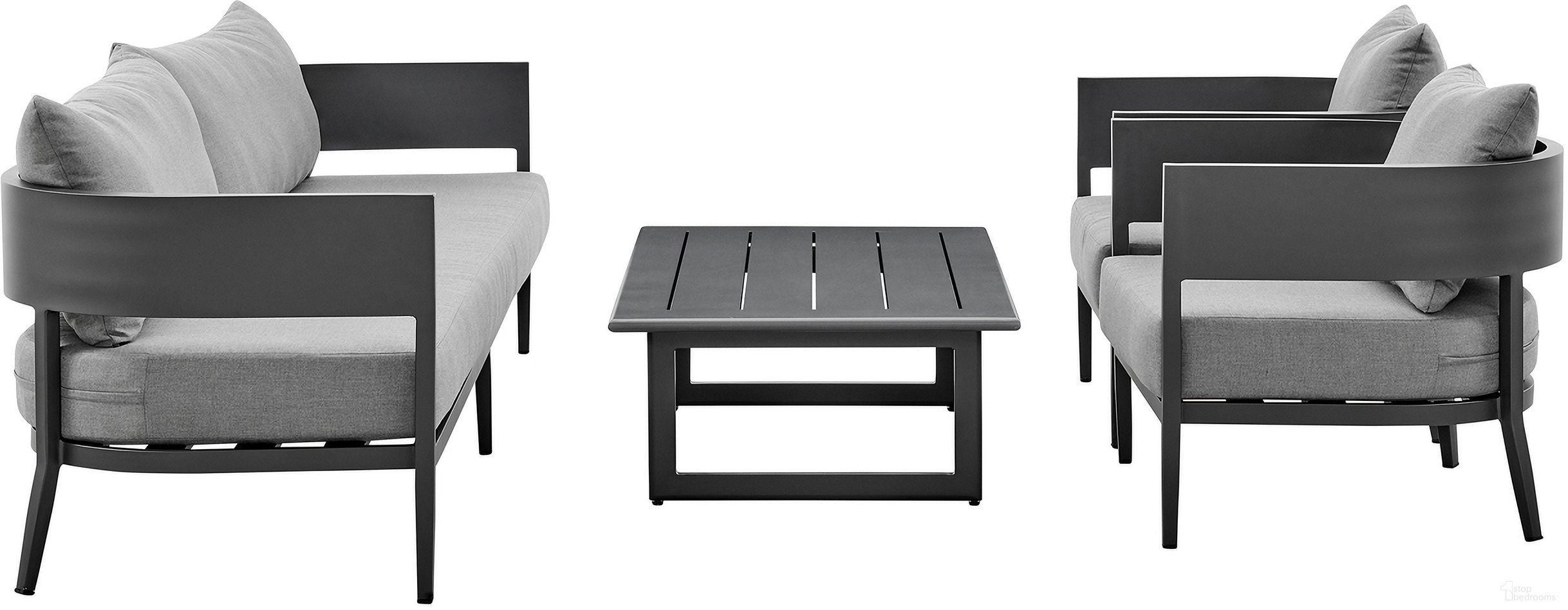 The appearance of Menorca 4 Piece Outdoor Conversation Set In Dark Gray designed by Armen Living in the modern / contemporary interior design. This dark gray piece of furniture was selected by 1StopBedrooms from Menorca Collection to add a touch of cosiness and style into your home. Sku: SETODMNGRBX1;SETODMNGRBX2;SETODMNGRBX3;SETODMNGRBX4. Material: Aluminum.